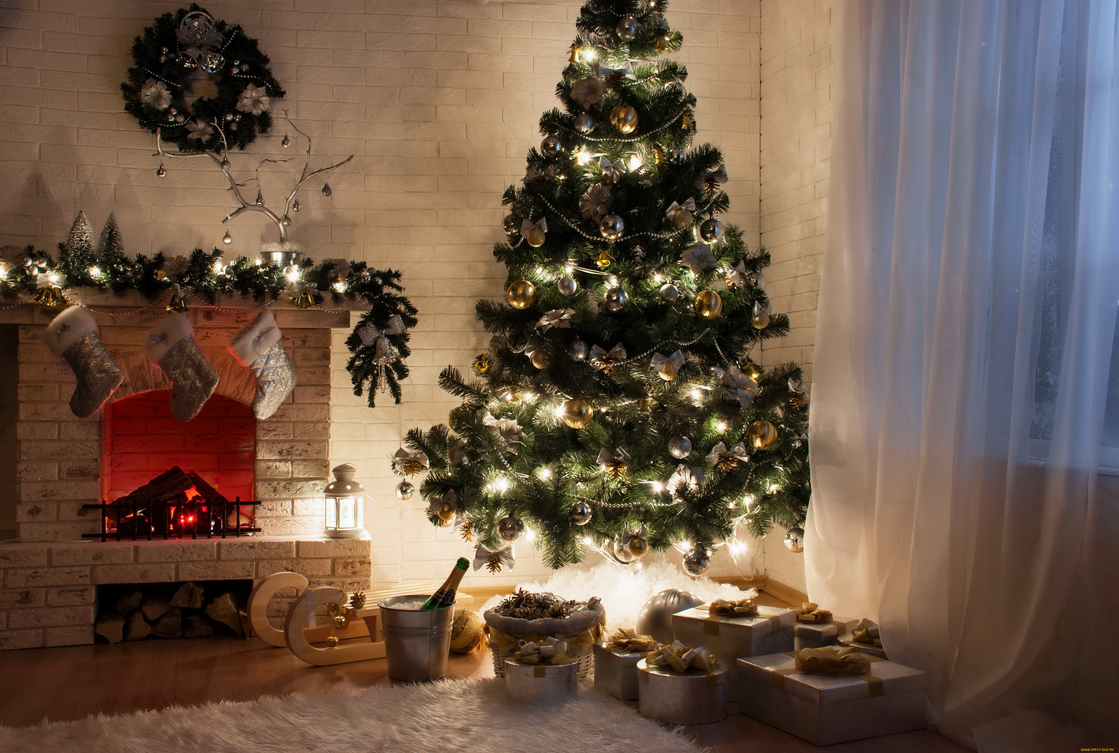 праздничные, новогодний, очаг, камин, елка, лампочки, очаг, украшения