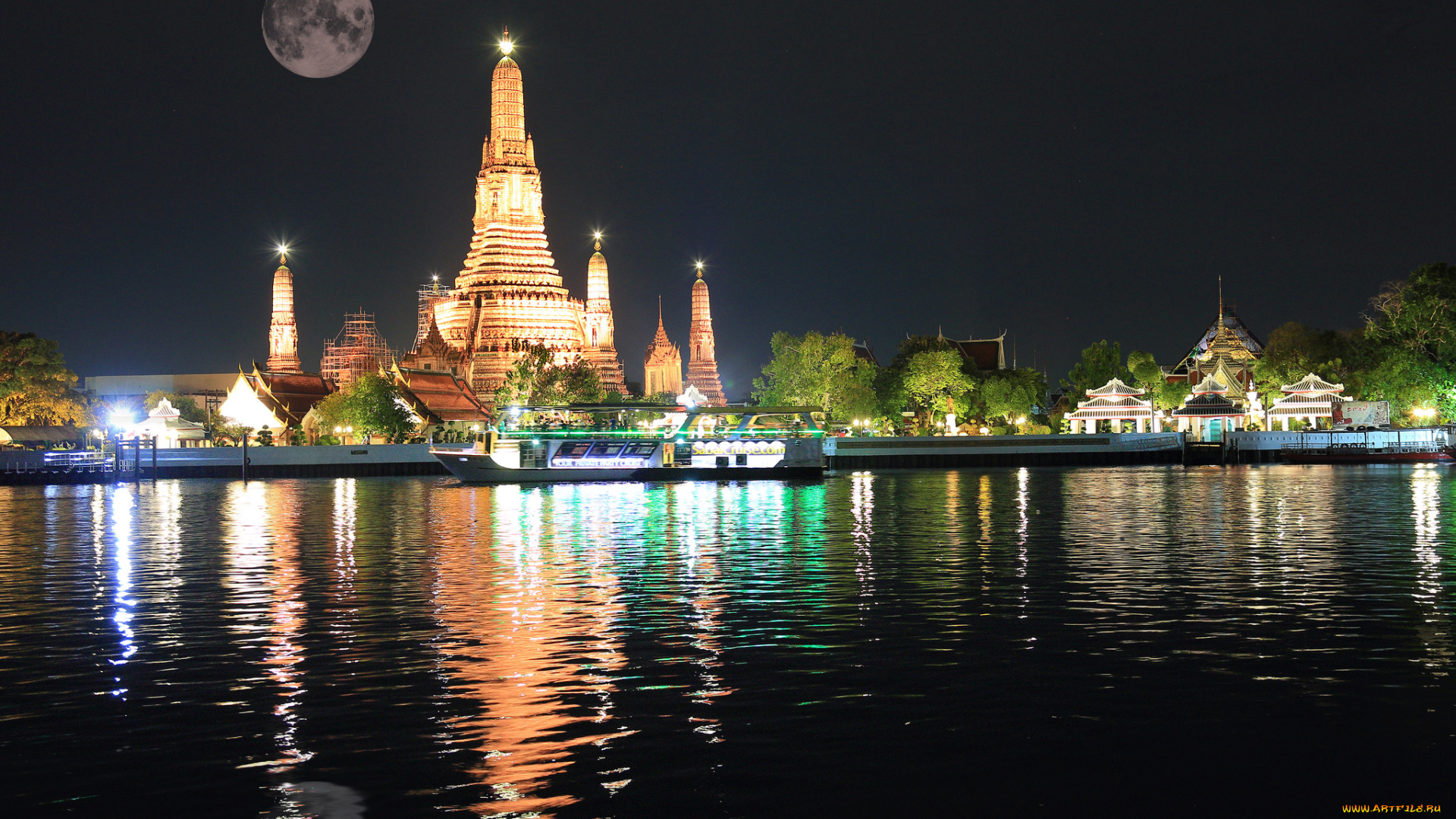 bangkok, города, бангкок, , таиланд, огни, храм, ночь, луна