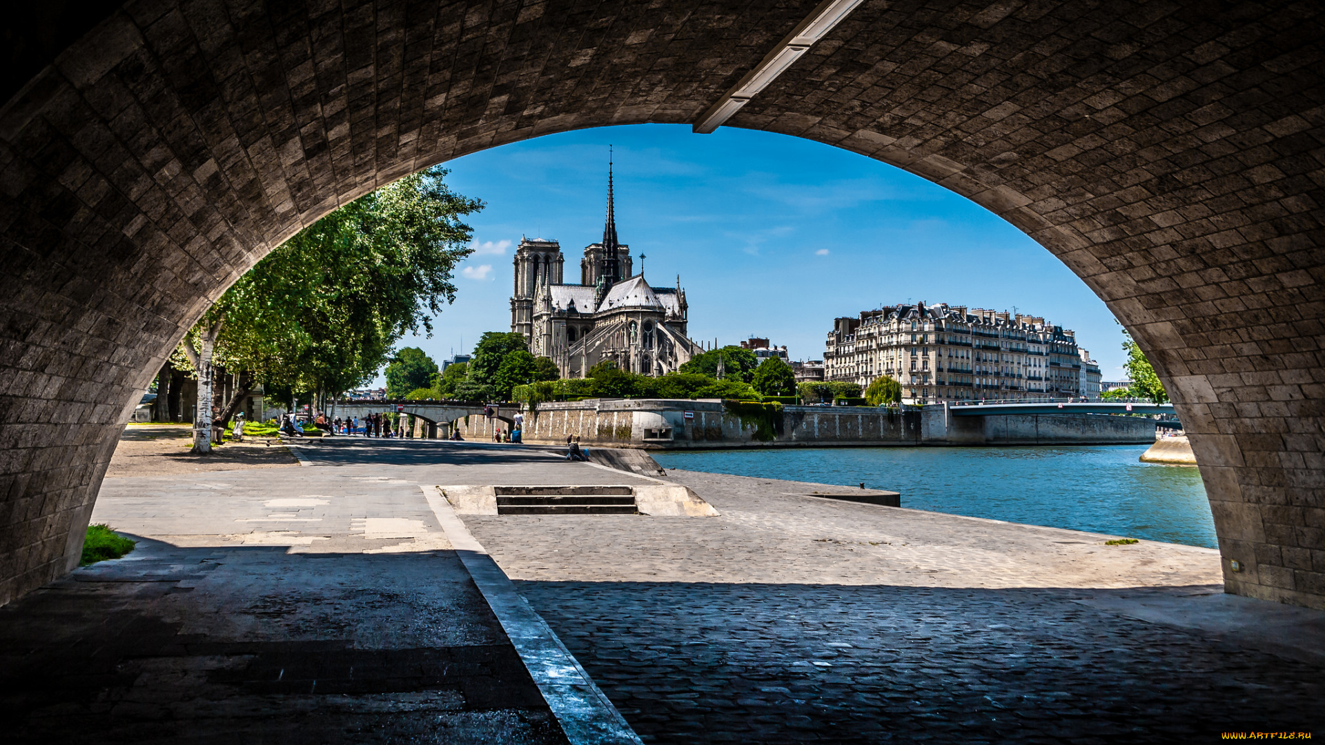 notre-dame, de, paris, города, париж, , франция, река, набережная, арка, собор