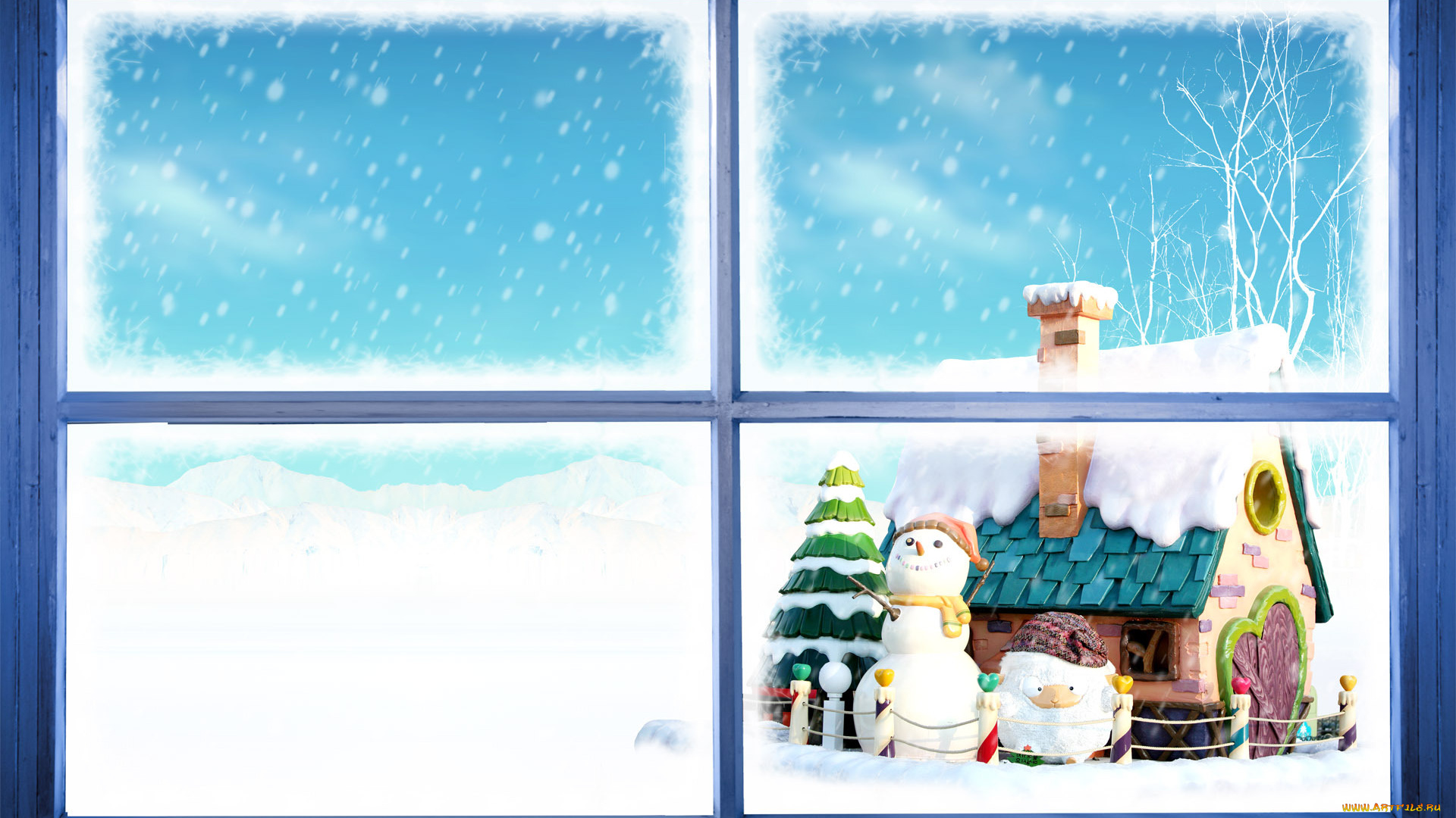 праздничные, 3д, графика, , новый, год, окно, снег, домик, снеговик, дед, мороз