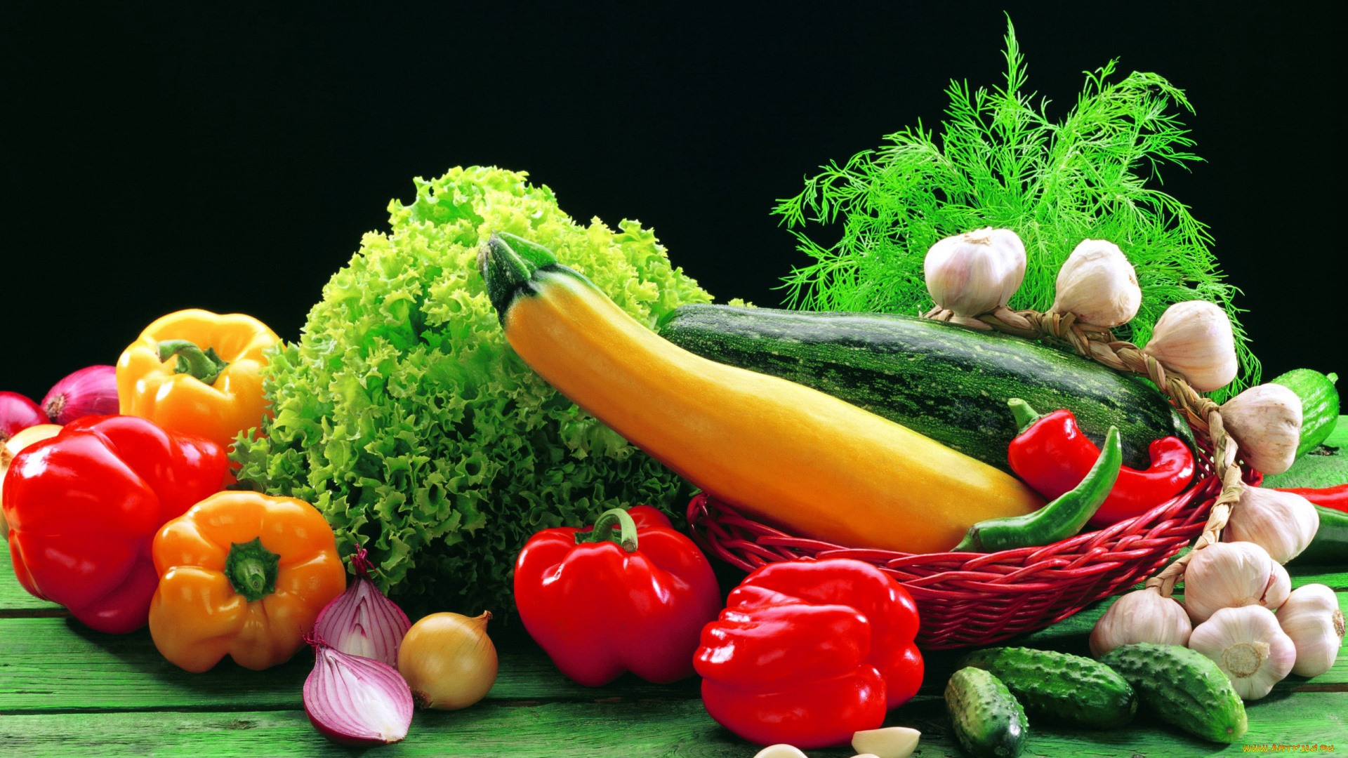 еда, овощи, кабачки, перец, лук, чеснок, огурцы, зелень