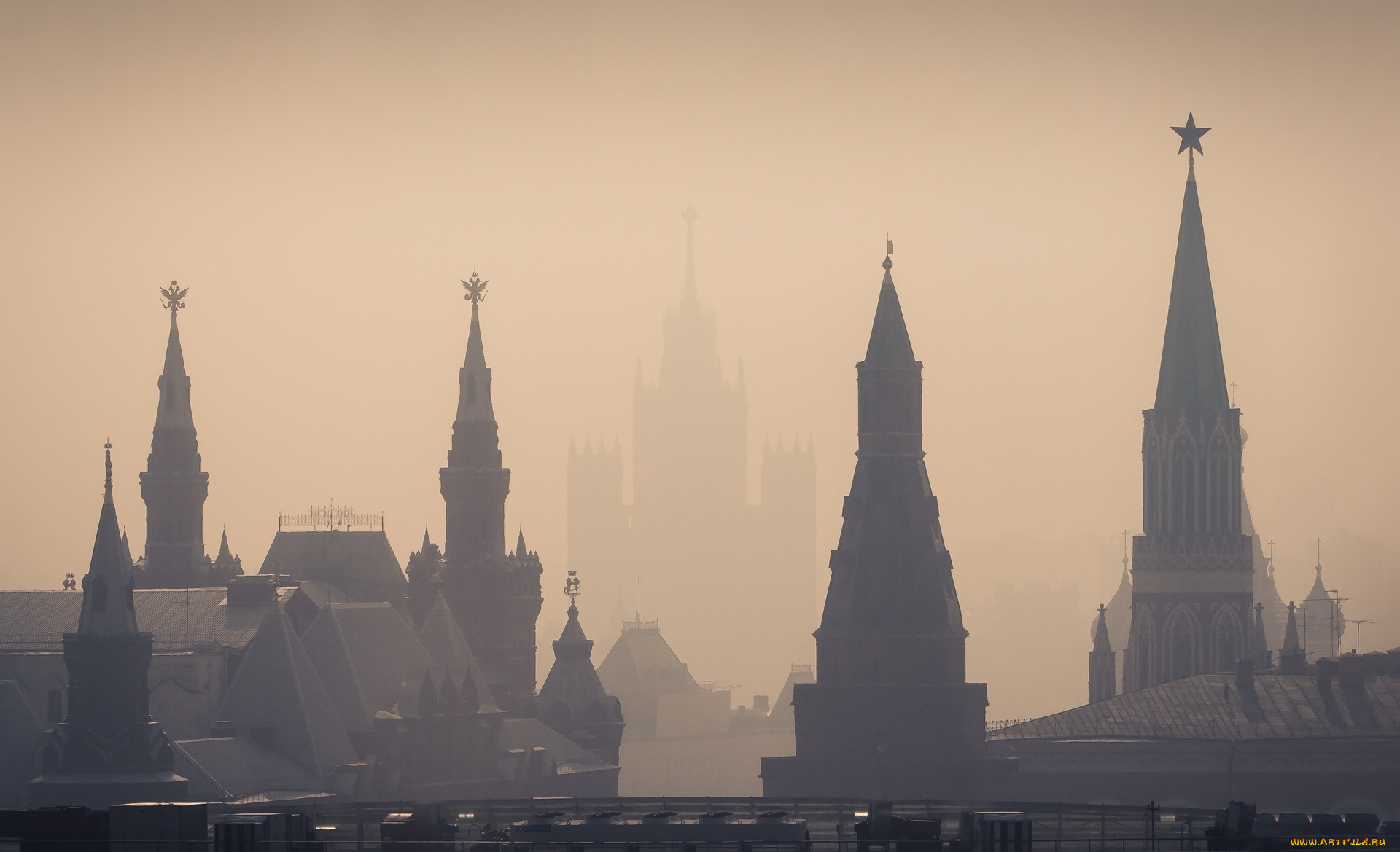 города, москва, , россия, башни, кремль, силуэты, туман, утро