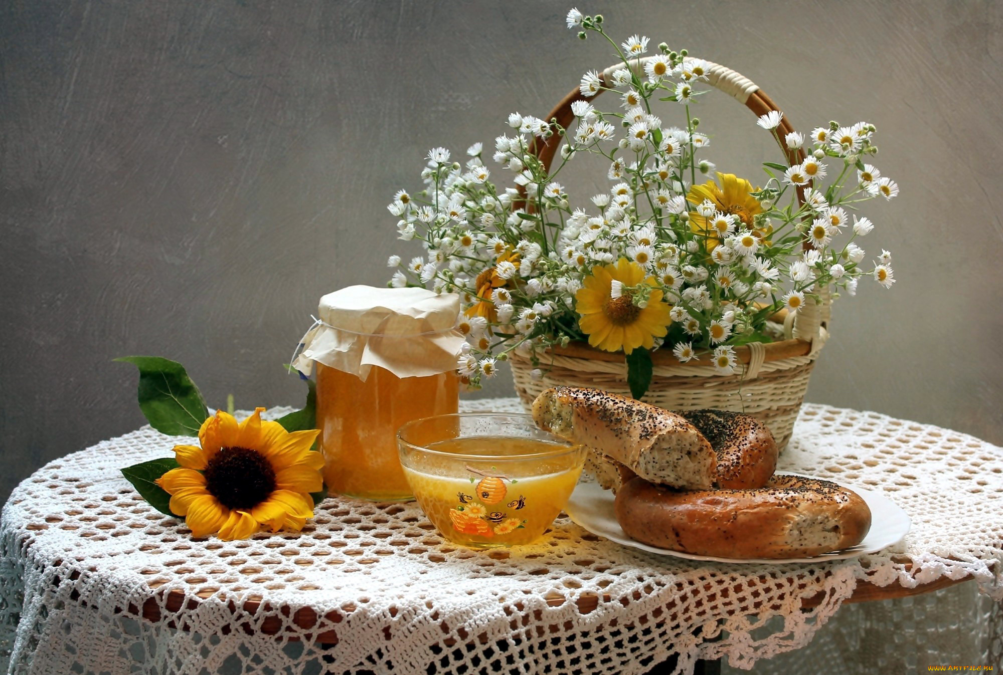 еда, натюрморт, цветы, корзинка, выпечка, мед, подсолнух