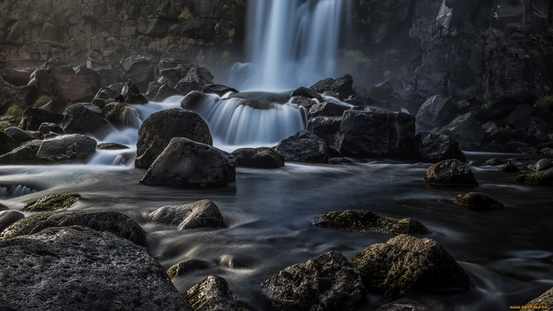 природа, водопады, исландия, поток, водопад, камни, скала, брызги