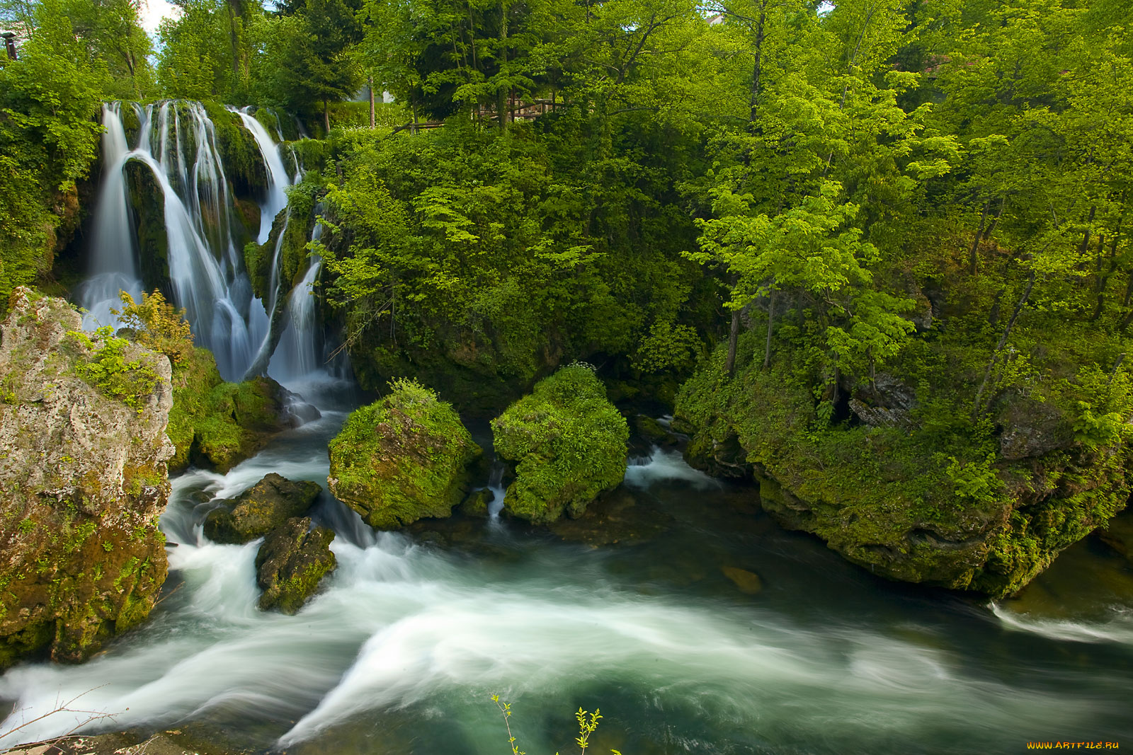 природа, водопады, деревья, река