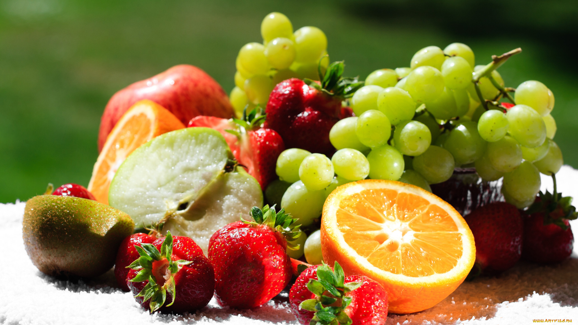 еда, фрукты, ягоды, виноград, киви, лимон, клубника, ягода, яблоко, апельсин
