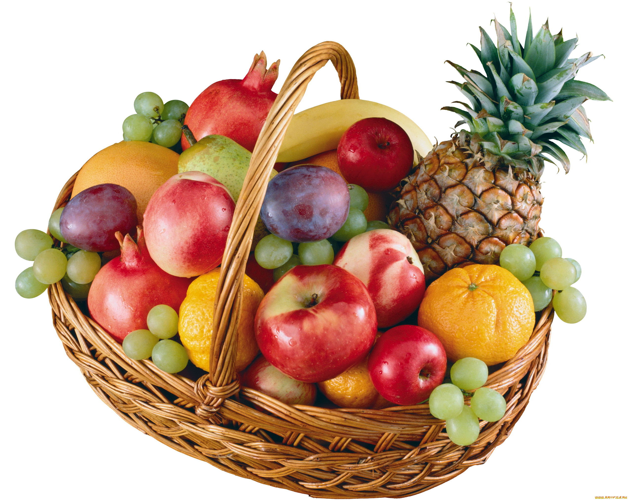 еда, фрукты, ягоды, корзинка, ананас, яблоки, гранаты, виноград
