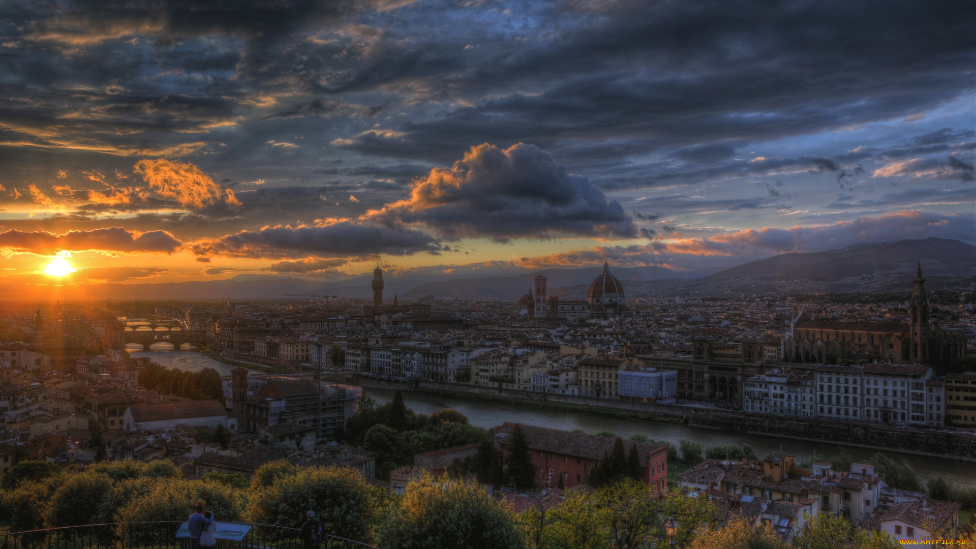 города, флоренция, италия, рассвет, крыши, собор, панорама