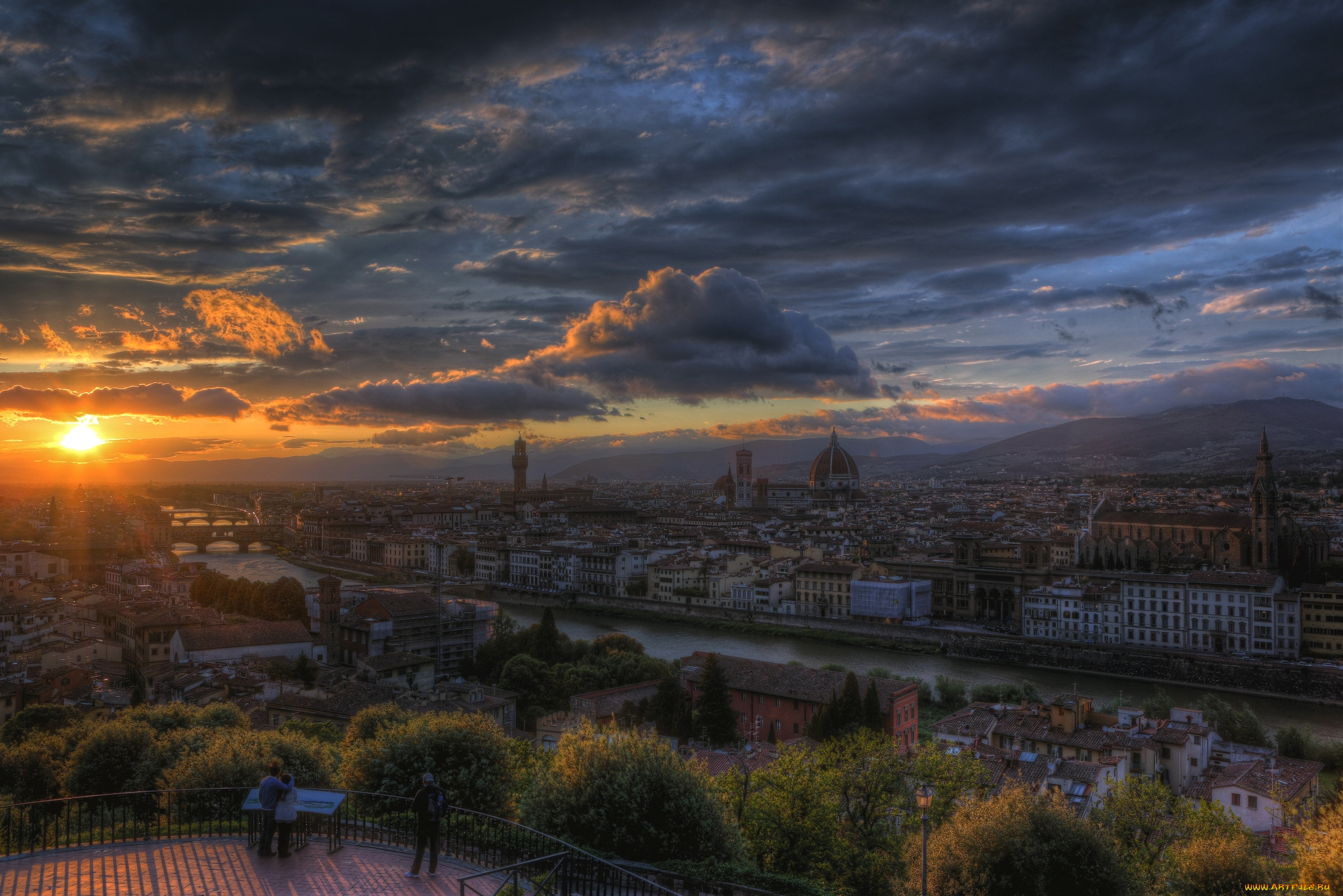 города, флоренция, италия, рассвет, крыши, собор, панорама
