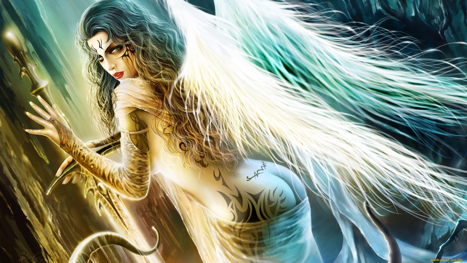 фэнтези, ангелы, девушка, ангел, крылья, татуировки, меч, слизь, щупальца