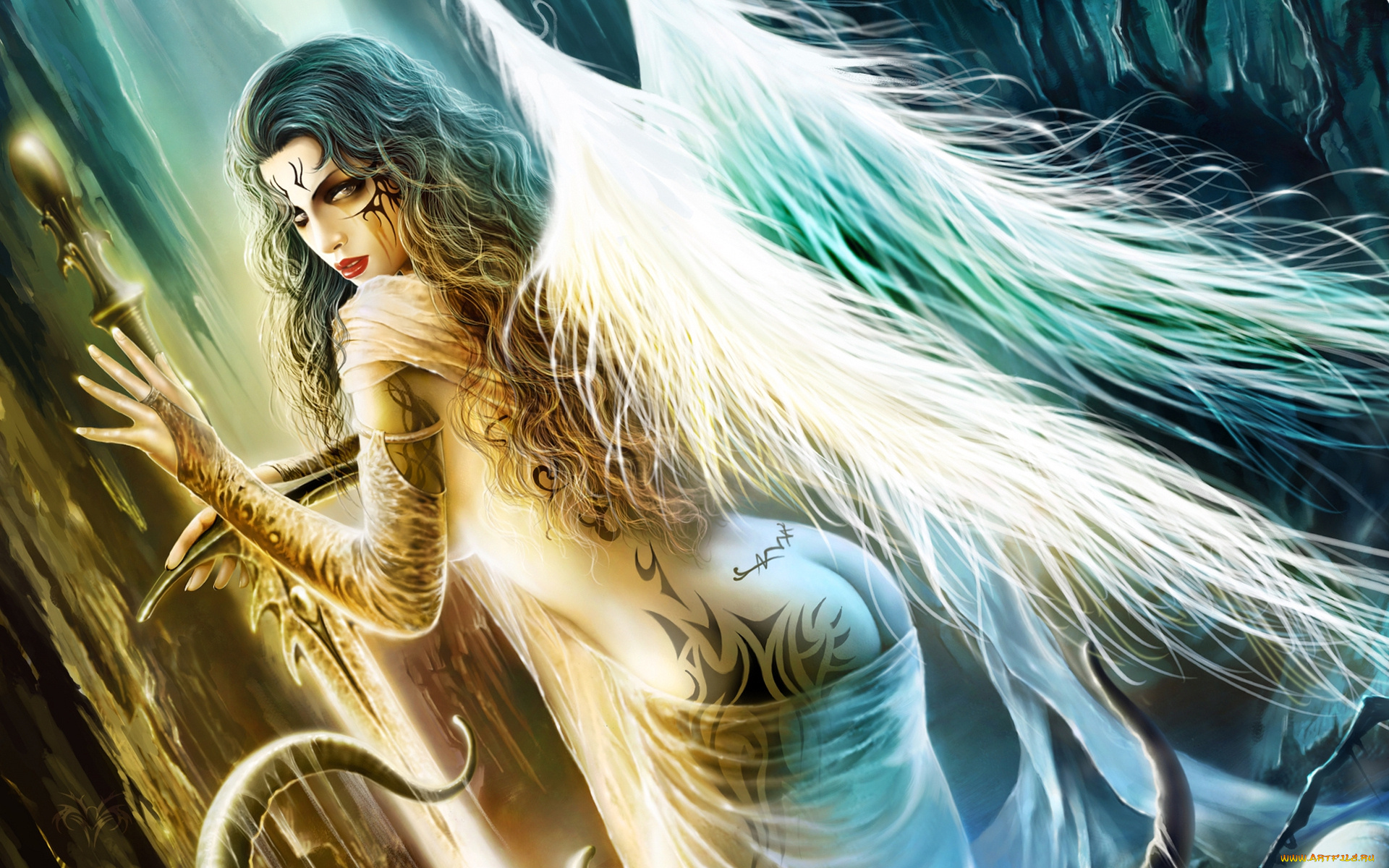 фэнтези, ангелы, девушка, ангел, крылья, татуировки, меч, слизь, щупальца