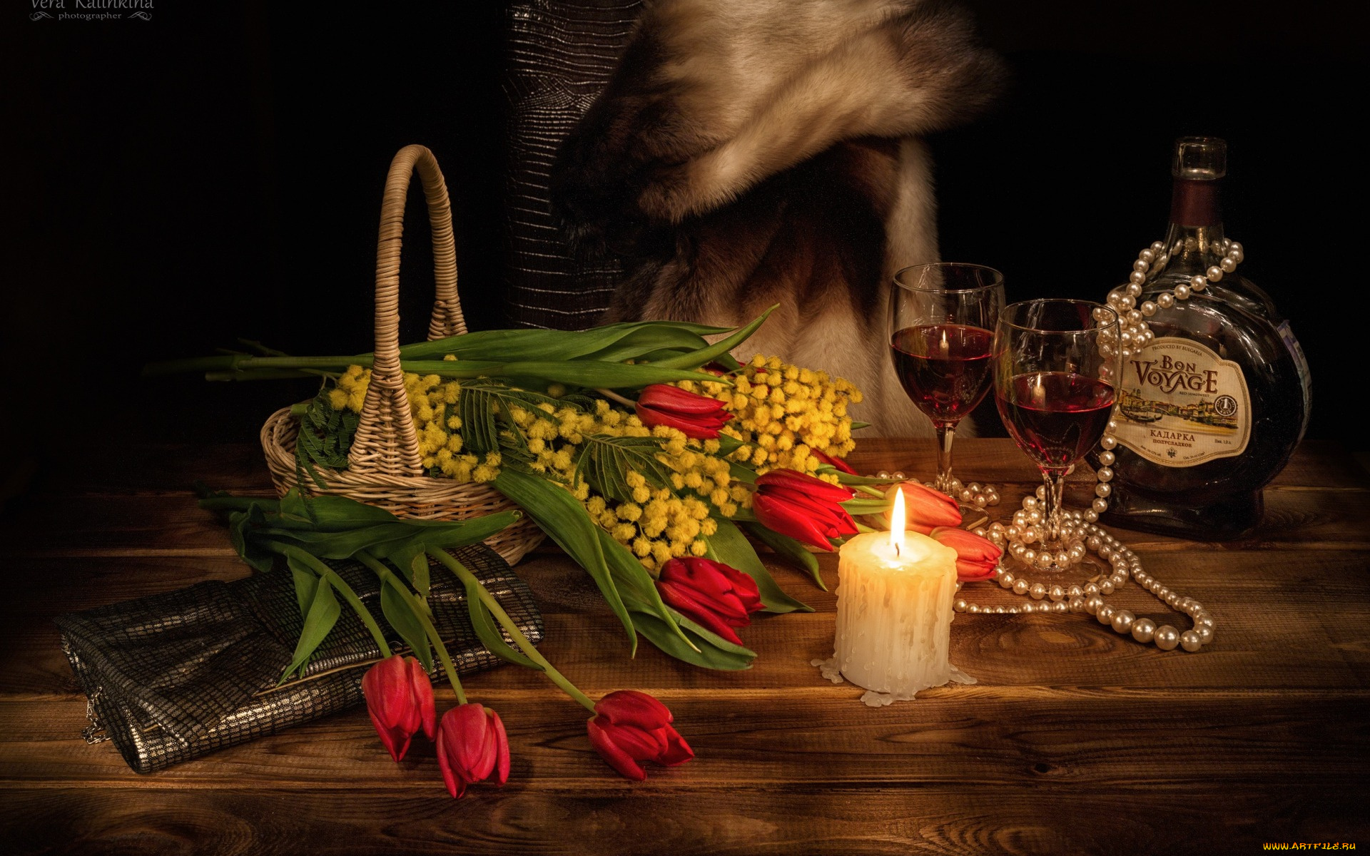 еда, натюрморт, свеча, 8, марта, ожерелье, мимоза, тюльпаны, бокалы