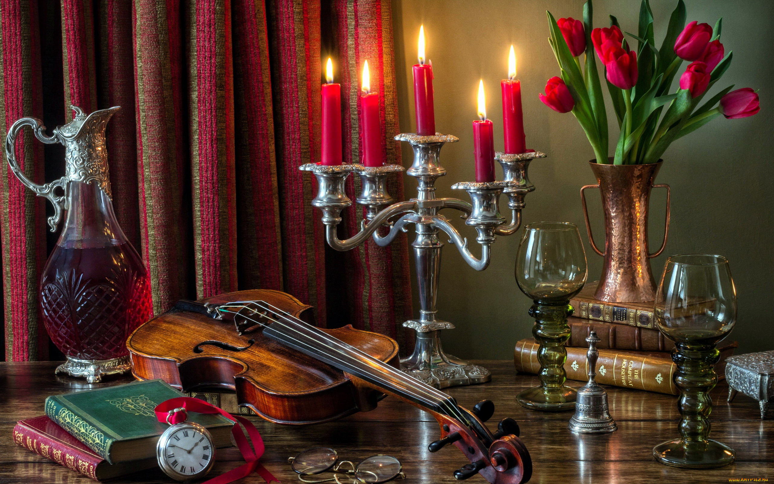музыка, -музыкальные, инструменты, скрипка, свечи, часы, тюльпаны, вино