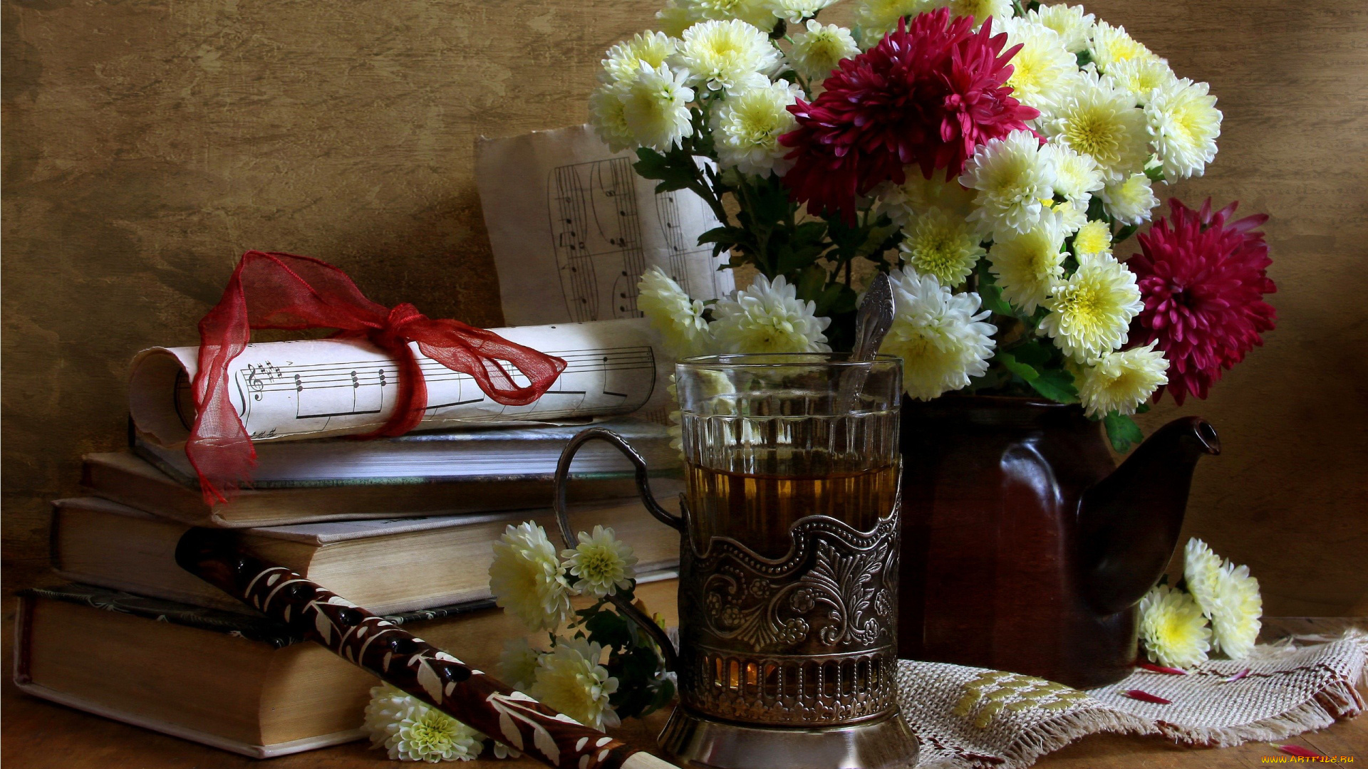 еда, натюрморт, чай, стакан, книги, хризантемы