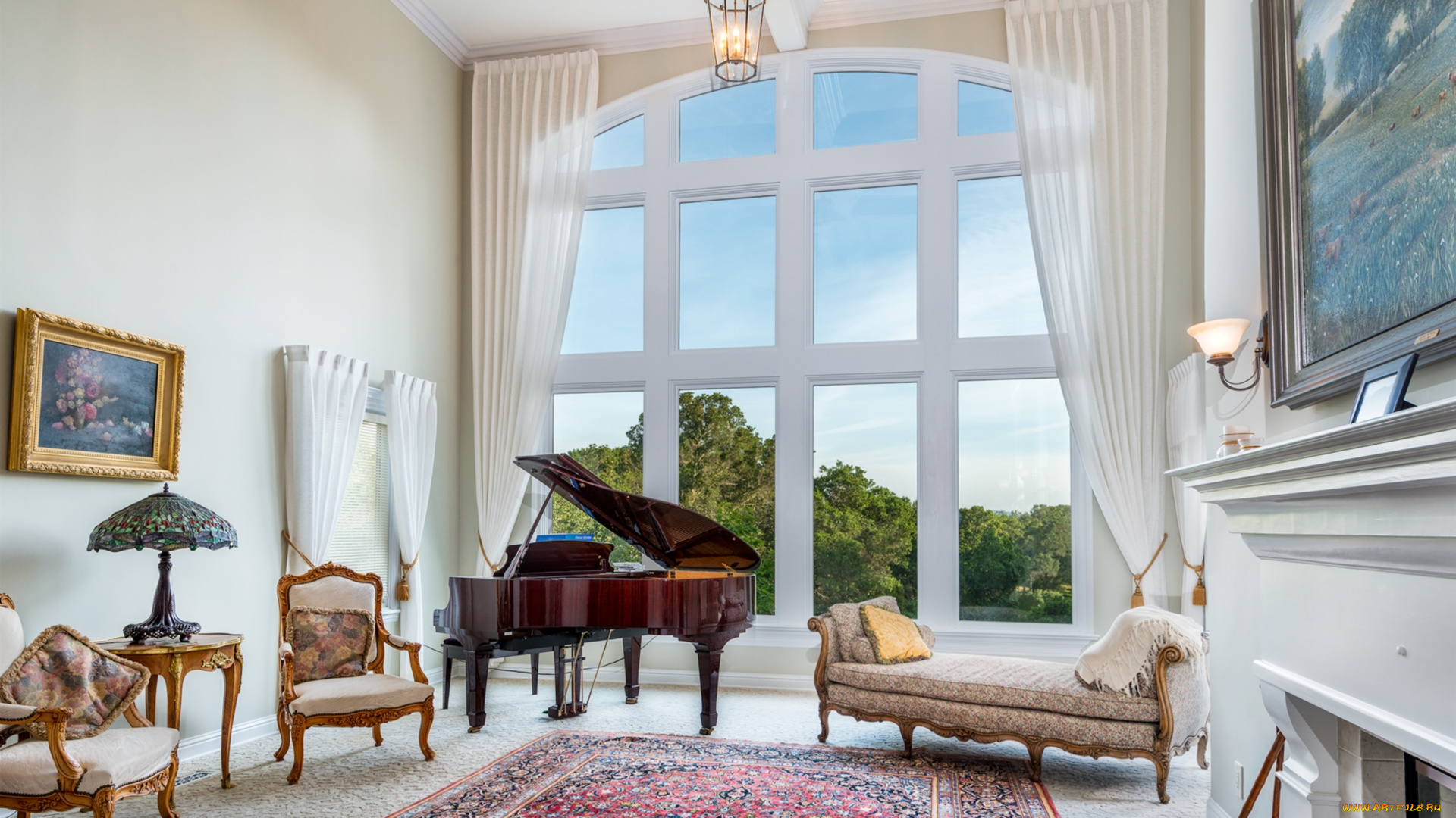 интерьер, гостиная, окно, рояль, кресла