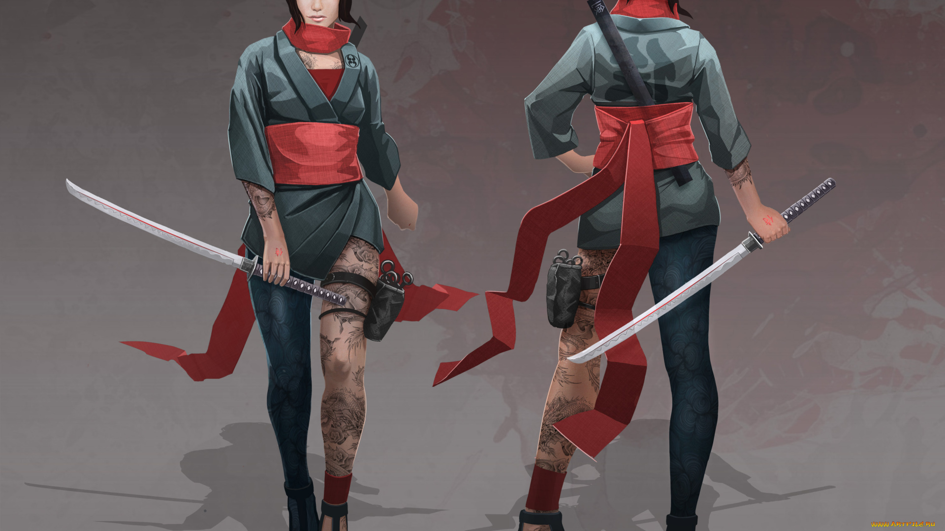 фэнтези, девушки, кимоно, меч, взгляд, фон, девушка