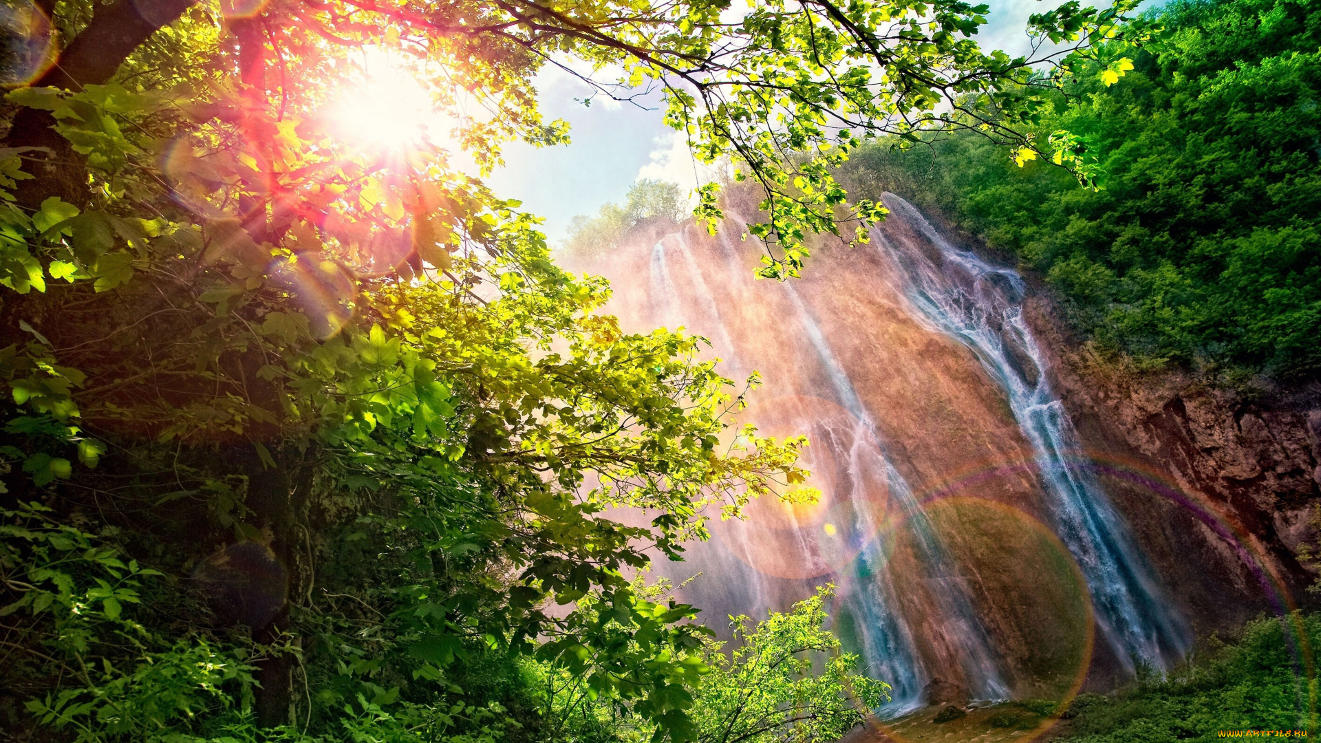 природа, водопады, водопад, горы, радуга, спектр, блики, солнце