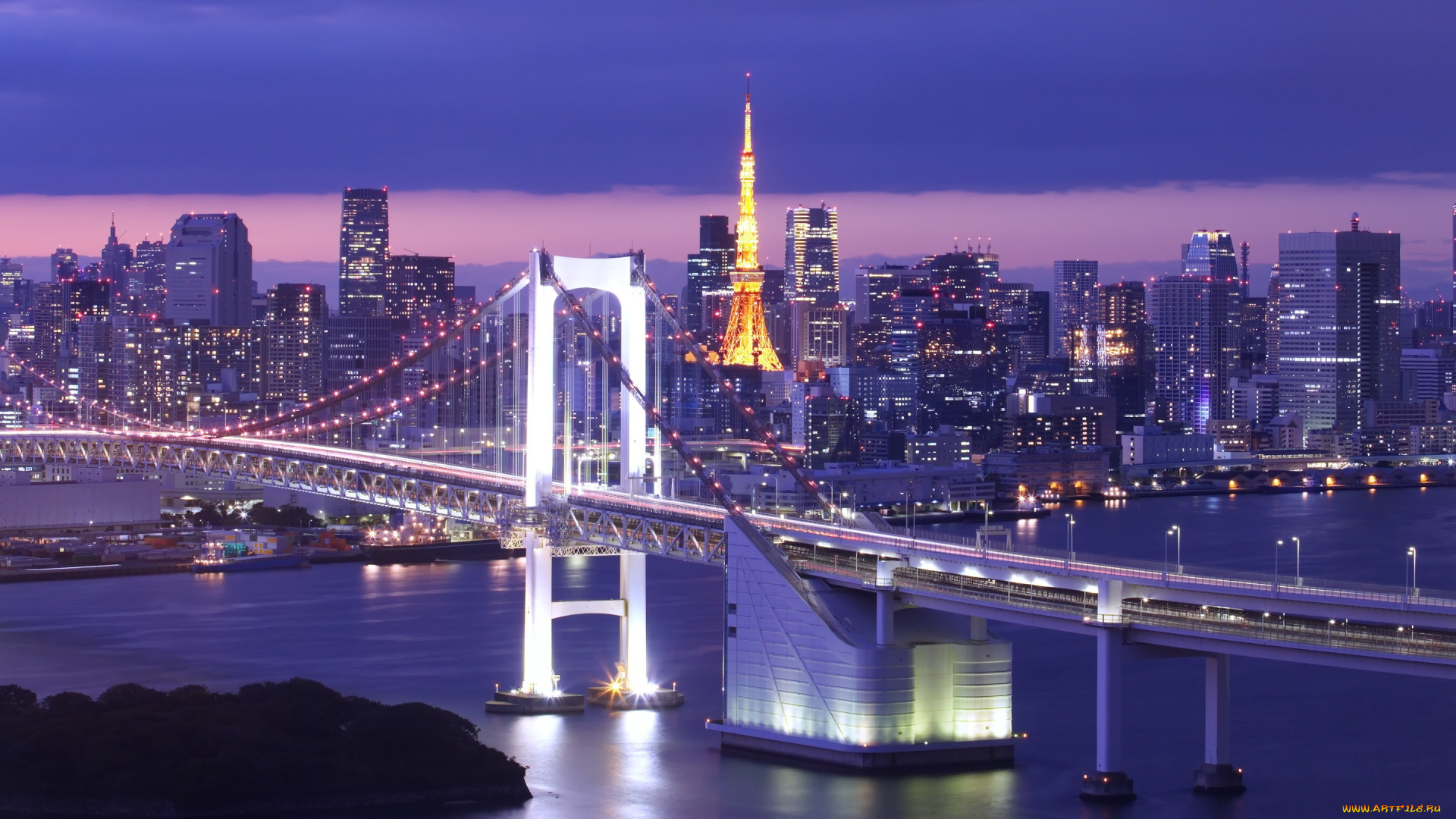 города, -, мосты, tokyo, ночной, город, панорама, островок, залив, мост, радужный, токийский, Япония, токио, rainbow, bridge, bay, japan
