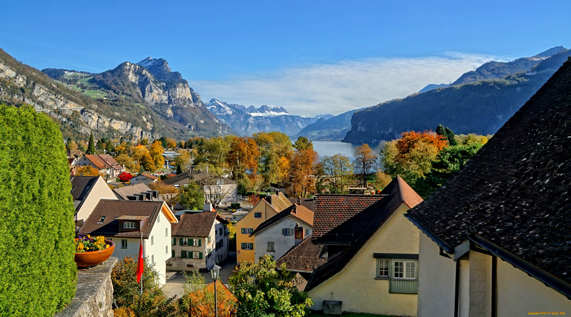 города, -, панорамы, озеро, горы, швейцария, небо, дома