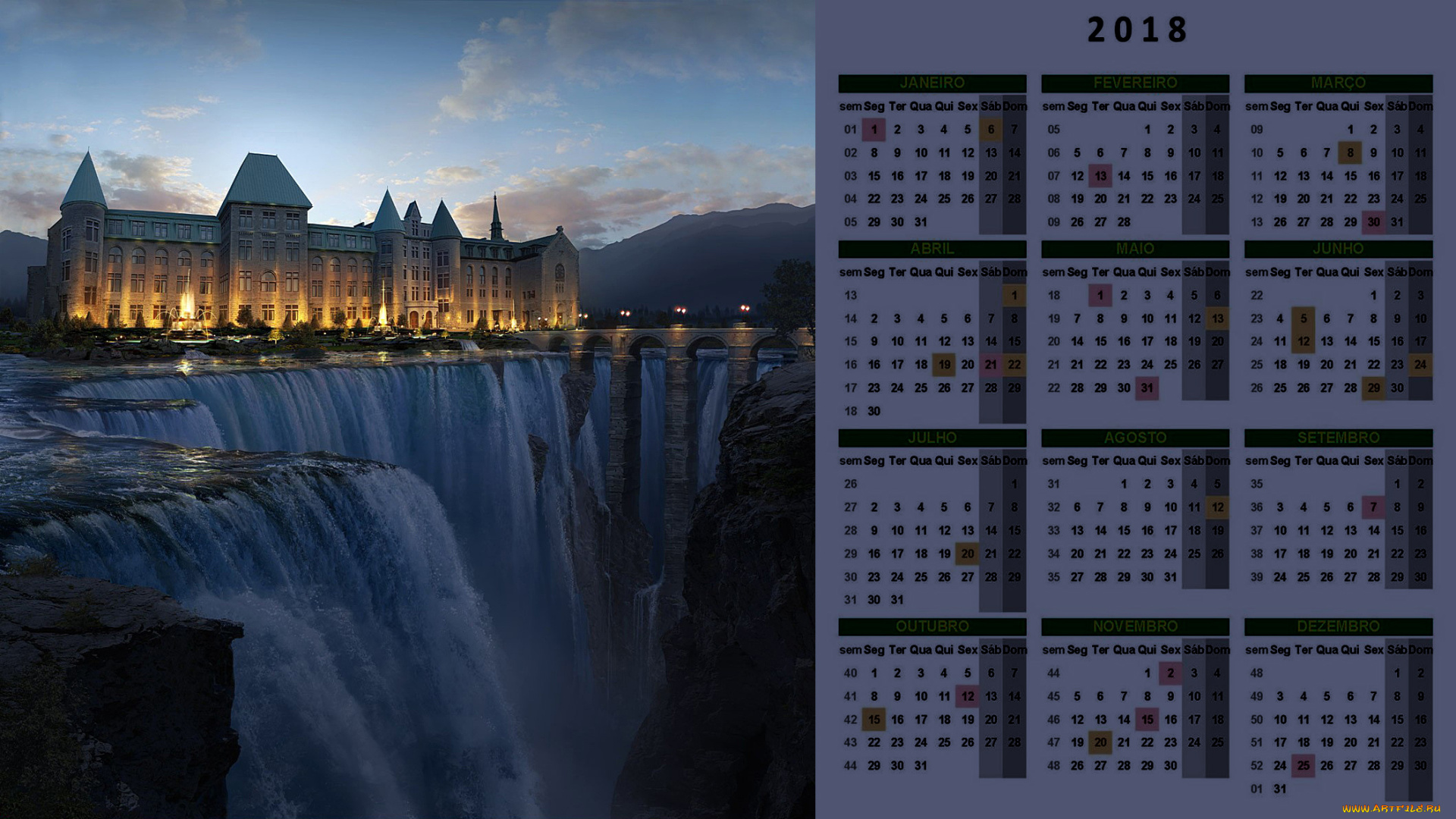 календари, фэнтези, здание, водопад, мост, освещение