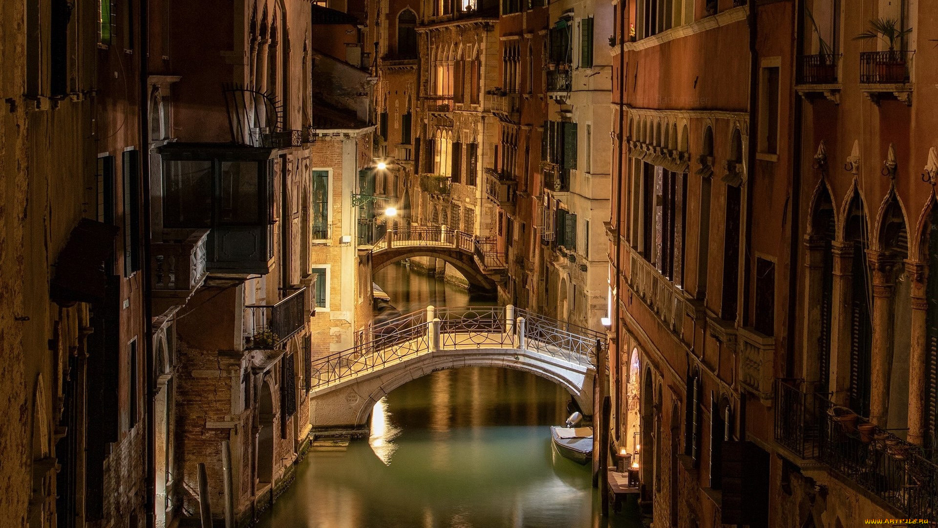города, венеция, , италия, канал, ночь, мостик