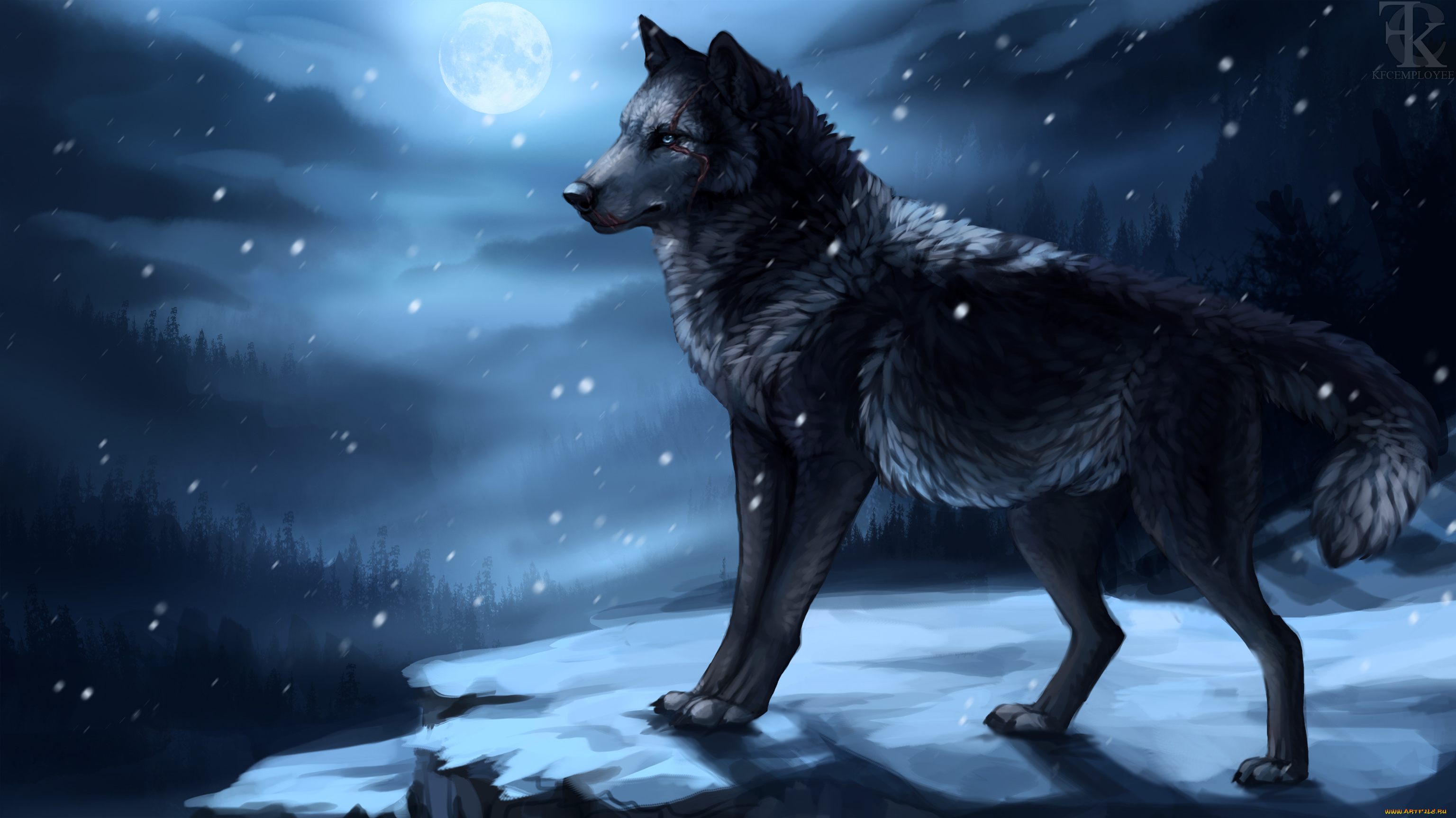 рисованное, животные, , волки, ночь, фон, взгляд, волк