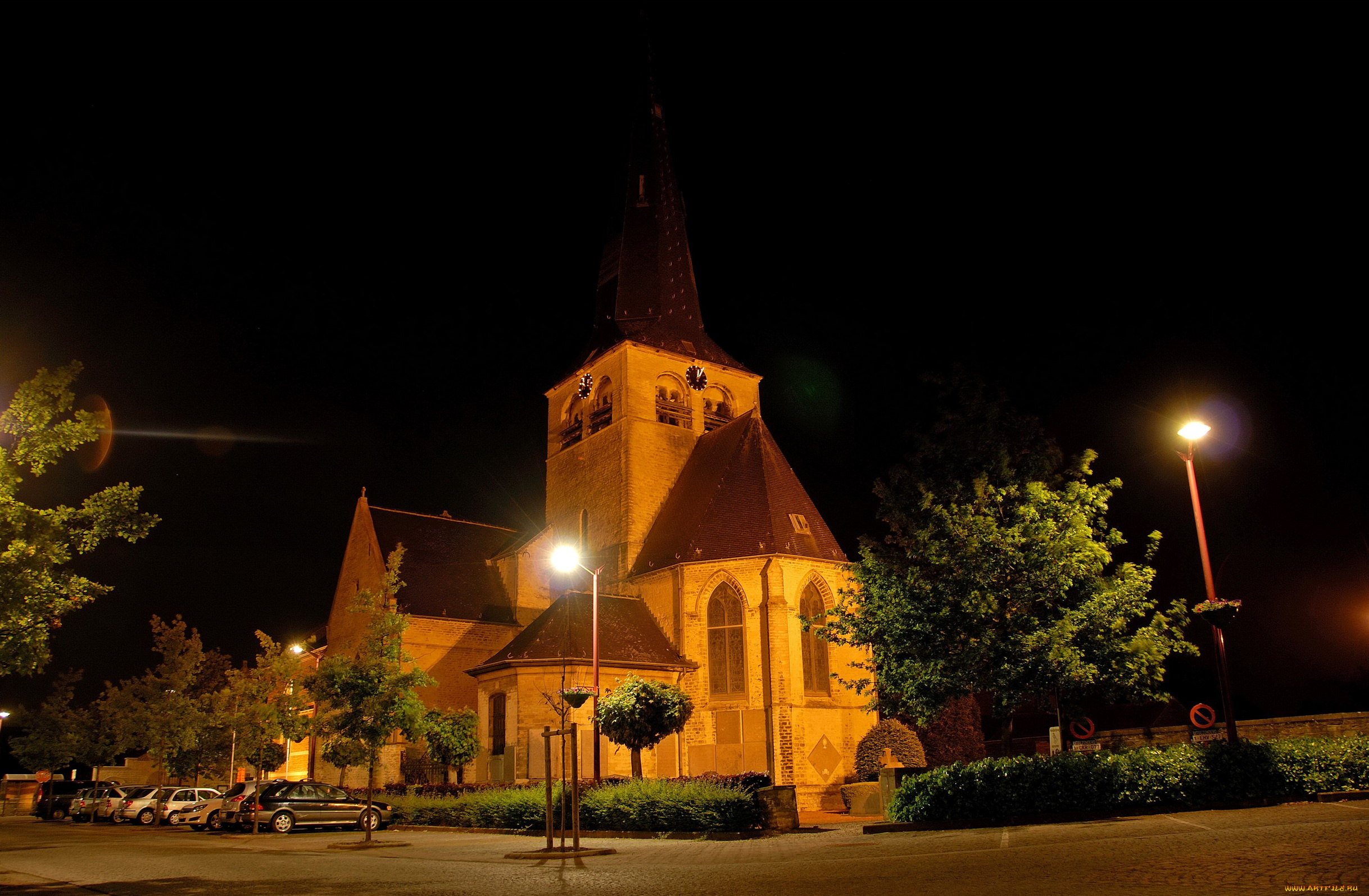 бельгия, steenokkerzeel, города, огни, ночного, ночь, улица, костел, дома