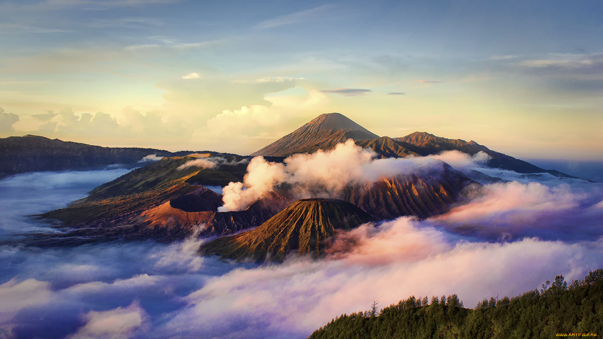природа, горы, кальдеры, тенггер, облака, вулкан, бромо, индонезия