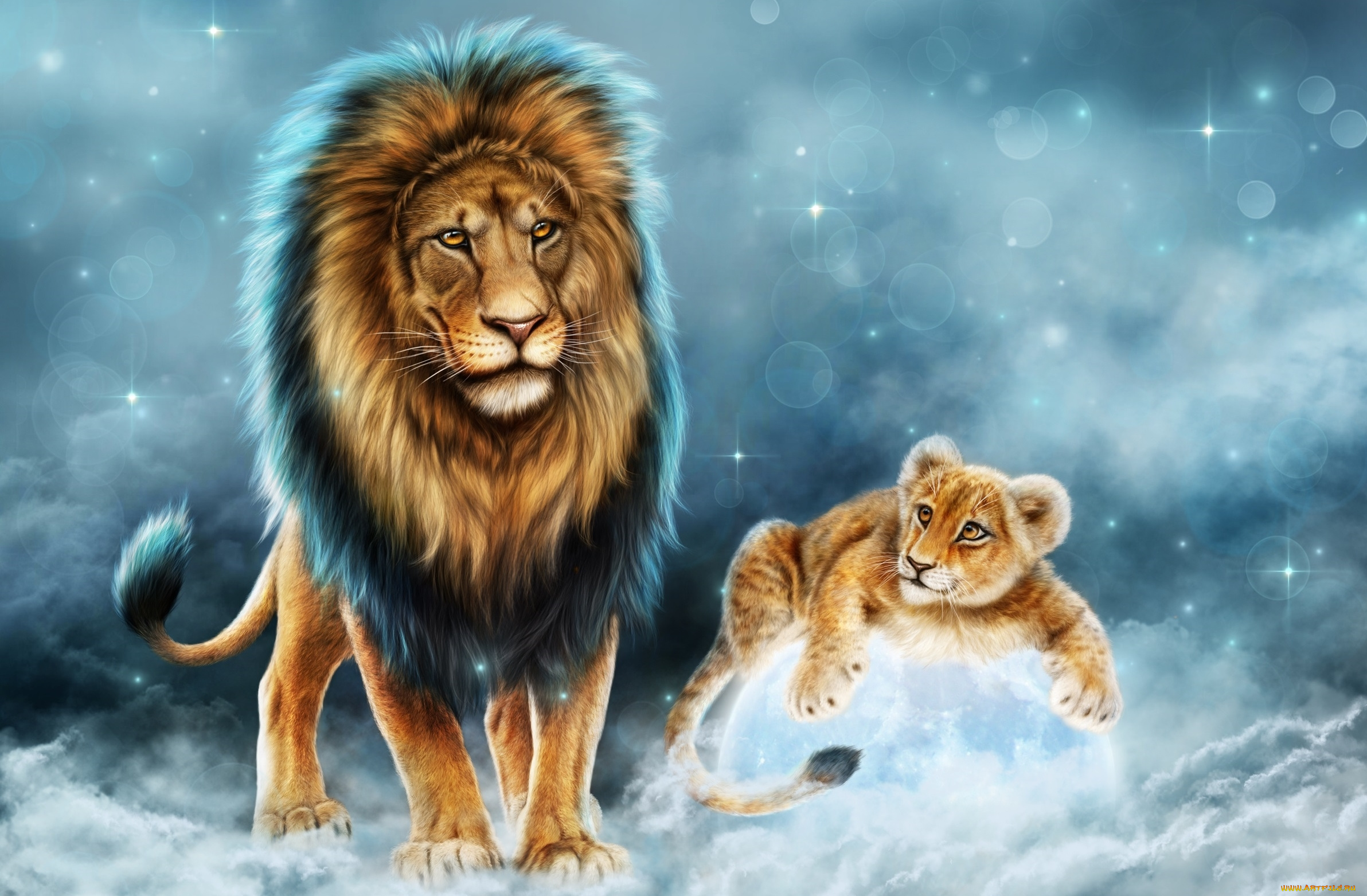 рисованное, животные, , львы, хищник, царь, сын, отец, лев, львенок