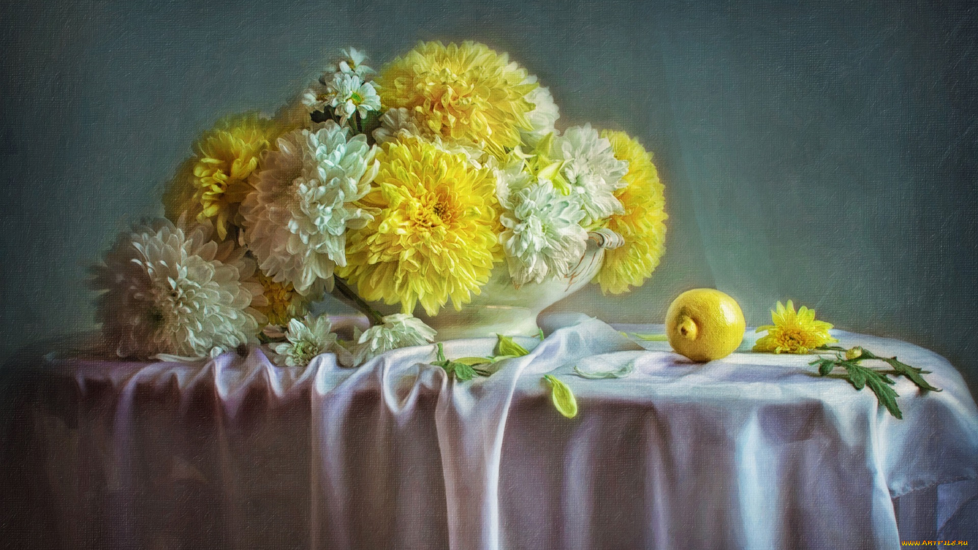 рисованное, цветы, картина, хризантемы, лимон
