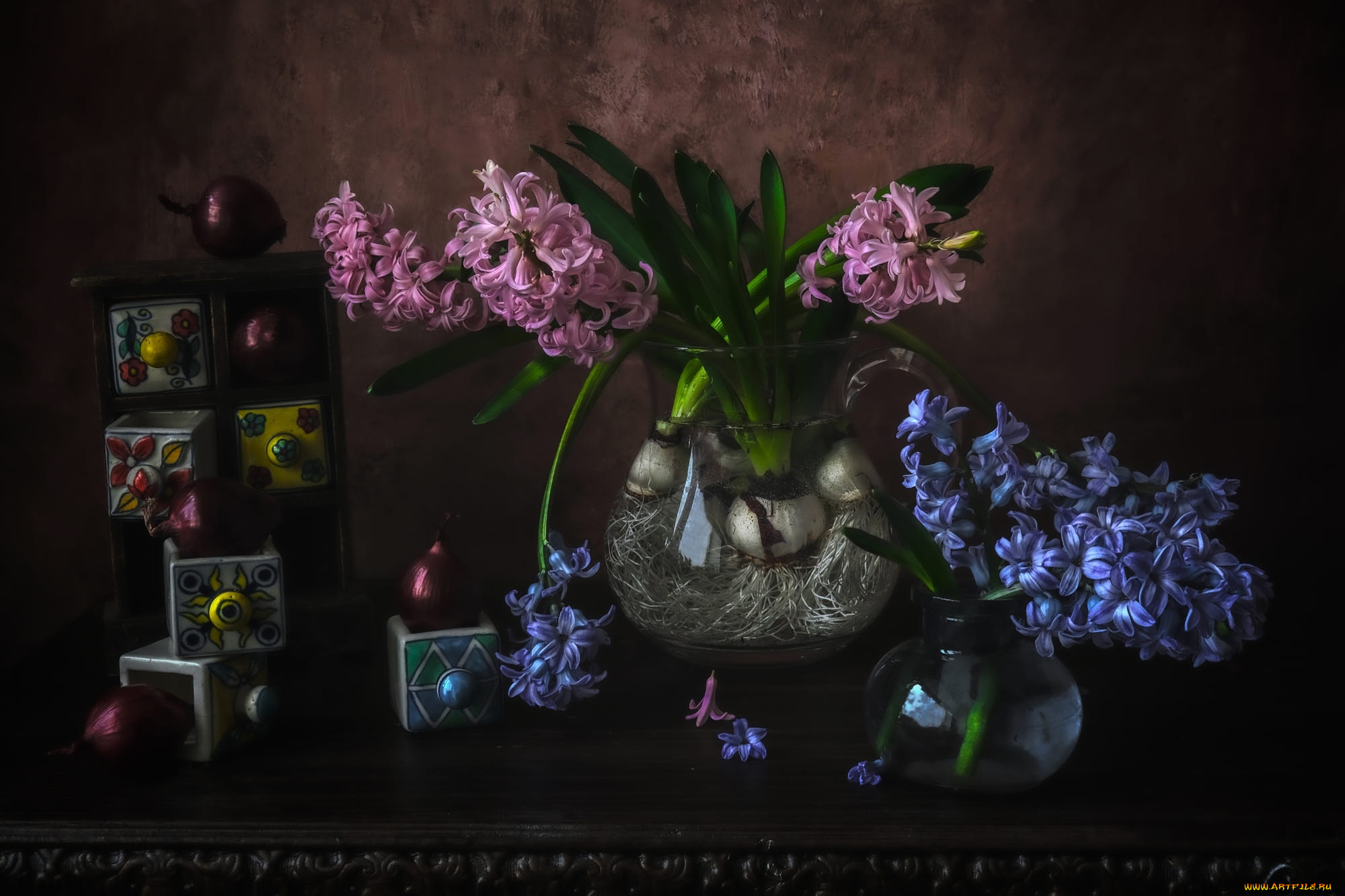 цветы, гиацинты, композиция, синий, розовый
