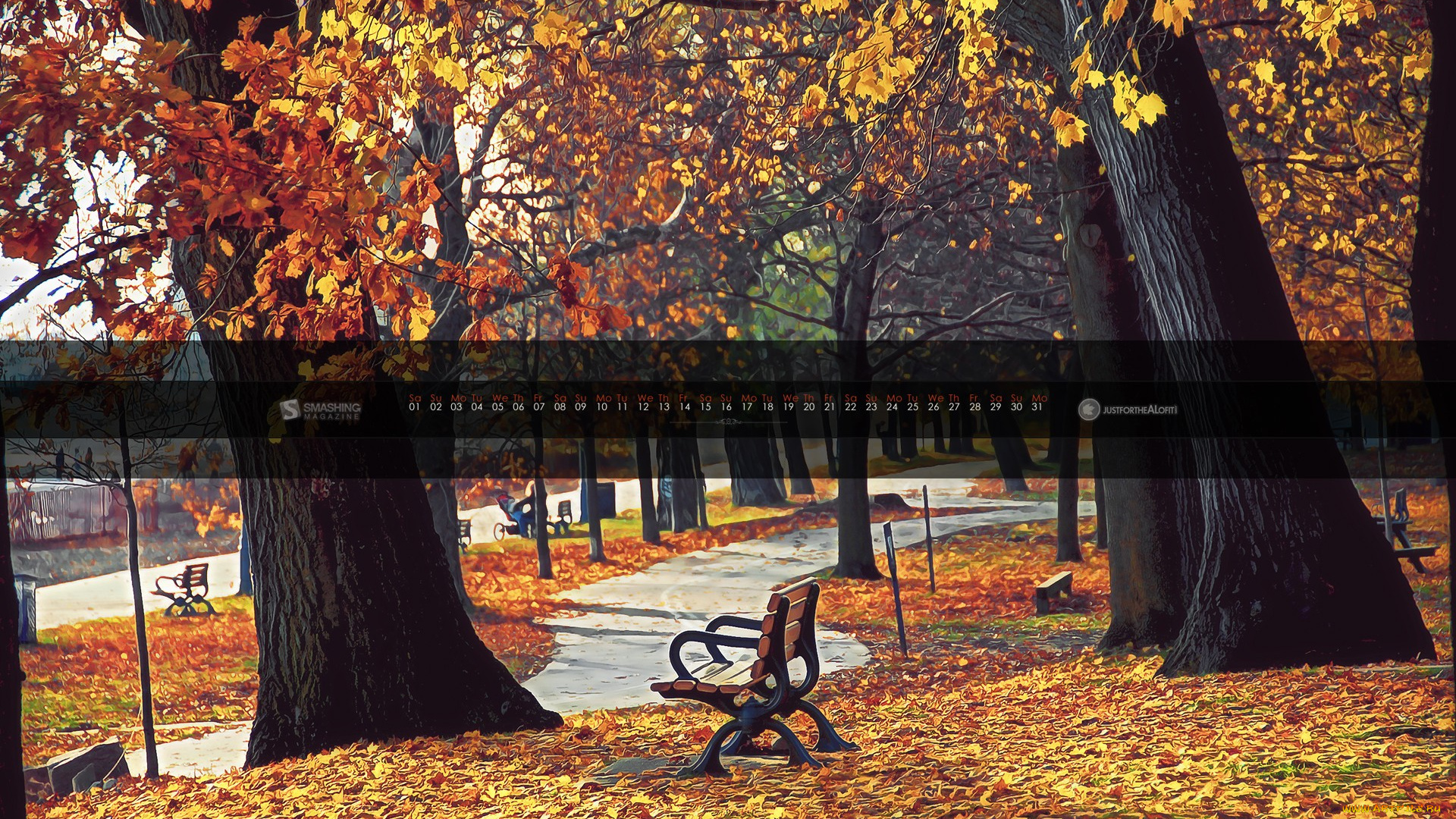 календари, природа, скамейка, деревья, листья, осень