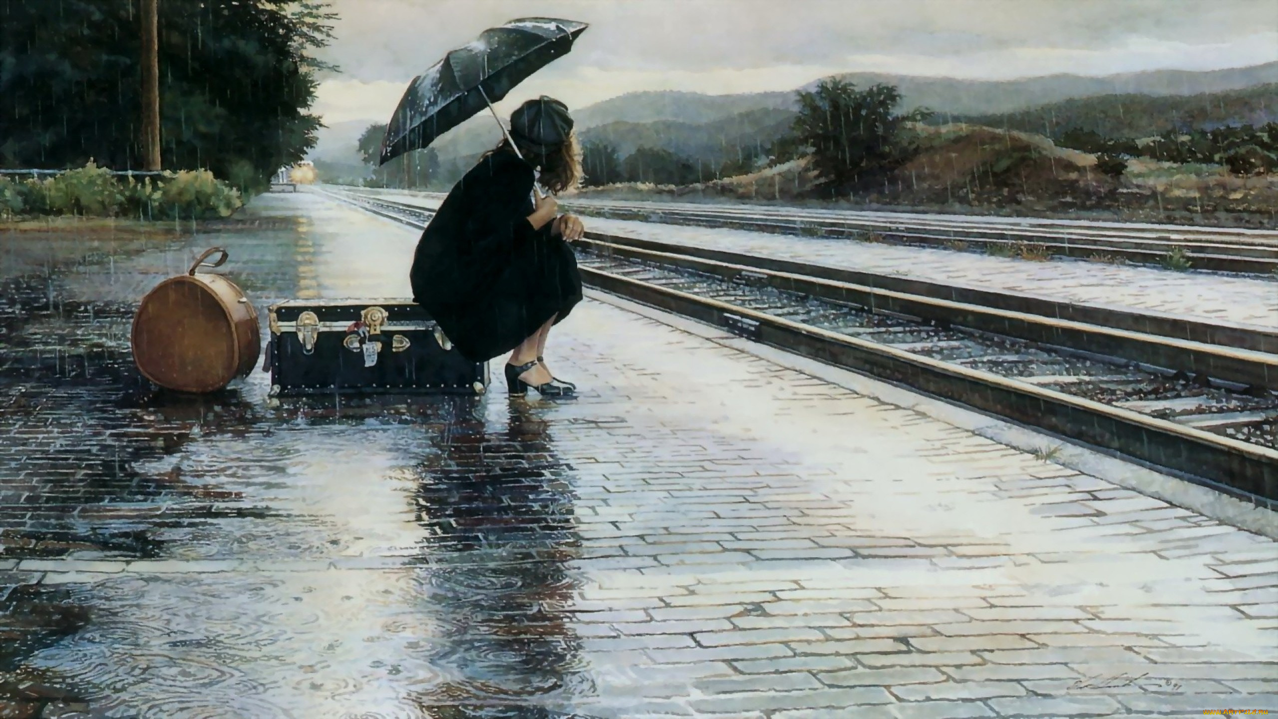 рисованное, люди, чемоданы, рельсы, девушка, вокзал, станция, зонт, платформа, лужи, дождь