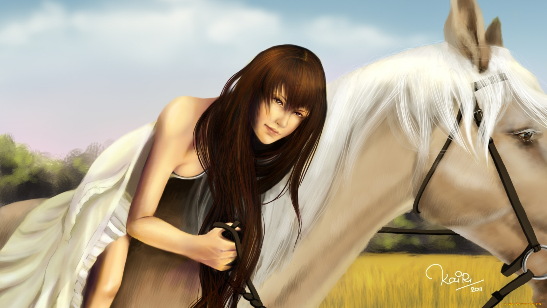 рисованные, люди, конь, белая, лошадь, девушка, платье, трава, поле