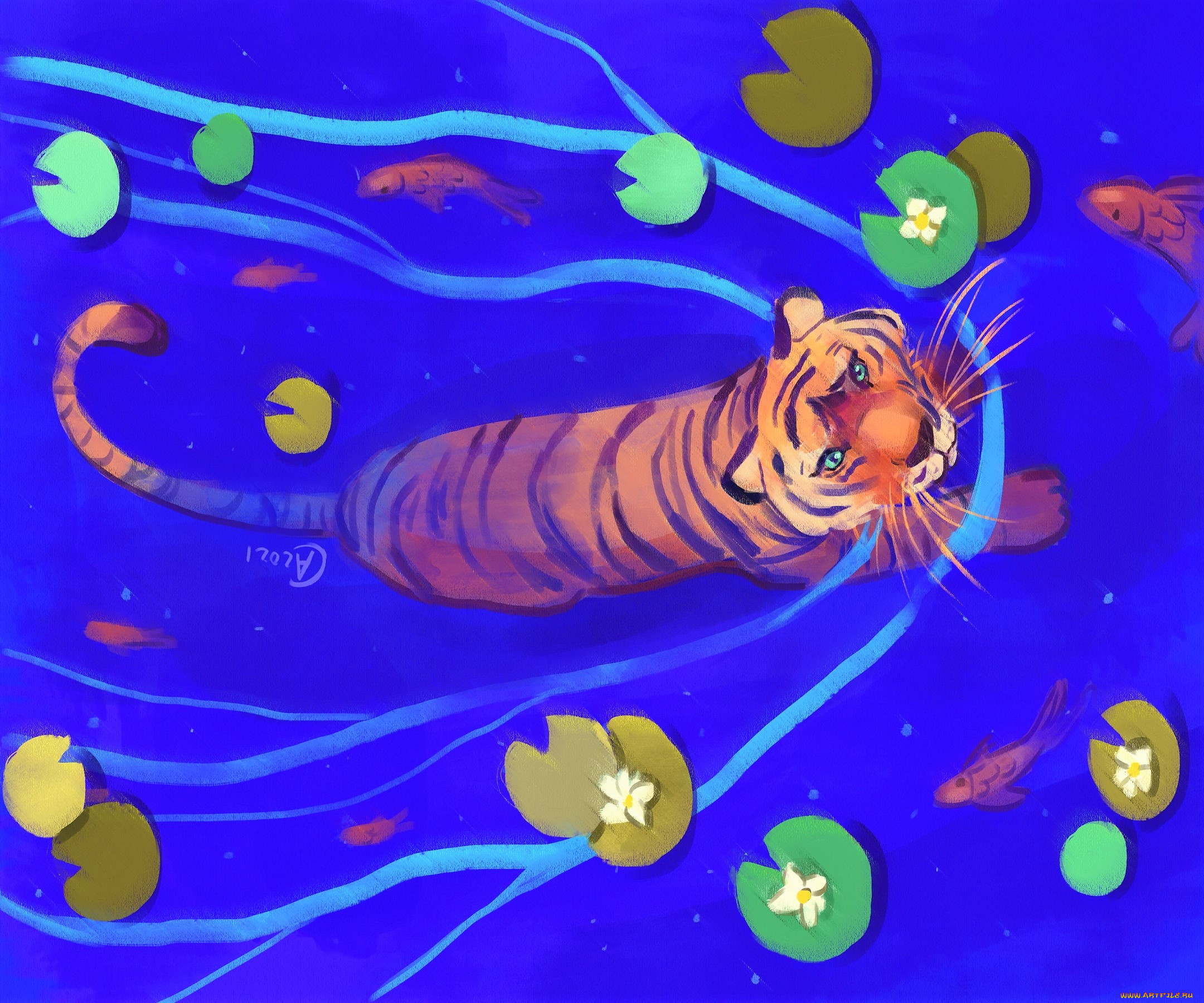 рисованное, животные, , тигры, тигр, озеро, кувшинки