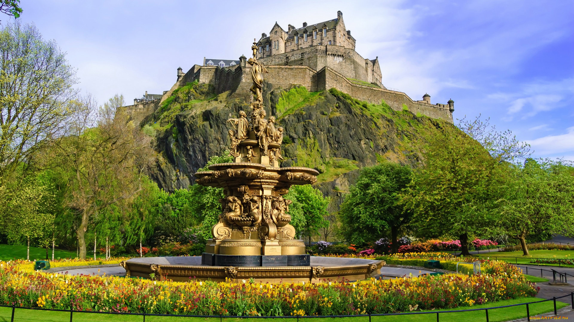 росс, фонтан, эдинбург, города, -, фонтаны, деревья, замок, шотландия, эдинбург, фонтан