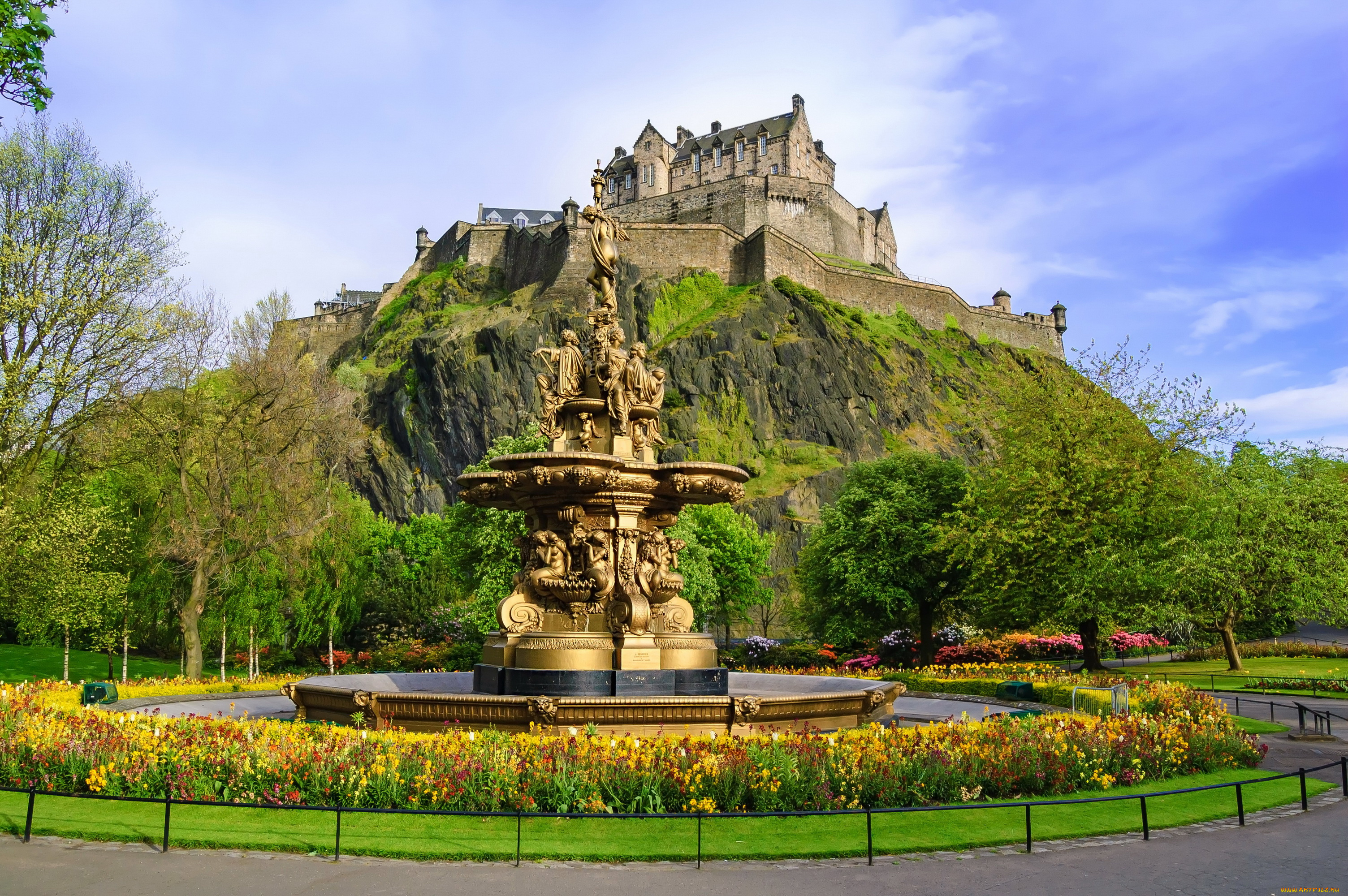 росс, фонтан, эдинбург, города, -, фонтаны, деревья, замок, шотландия, эдинбург, фонтан