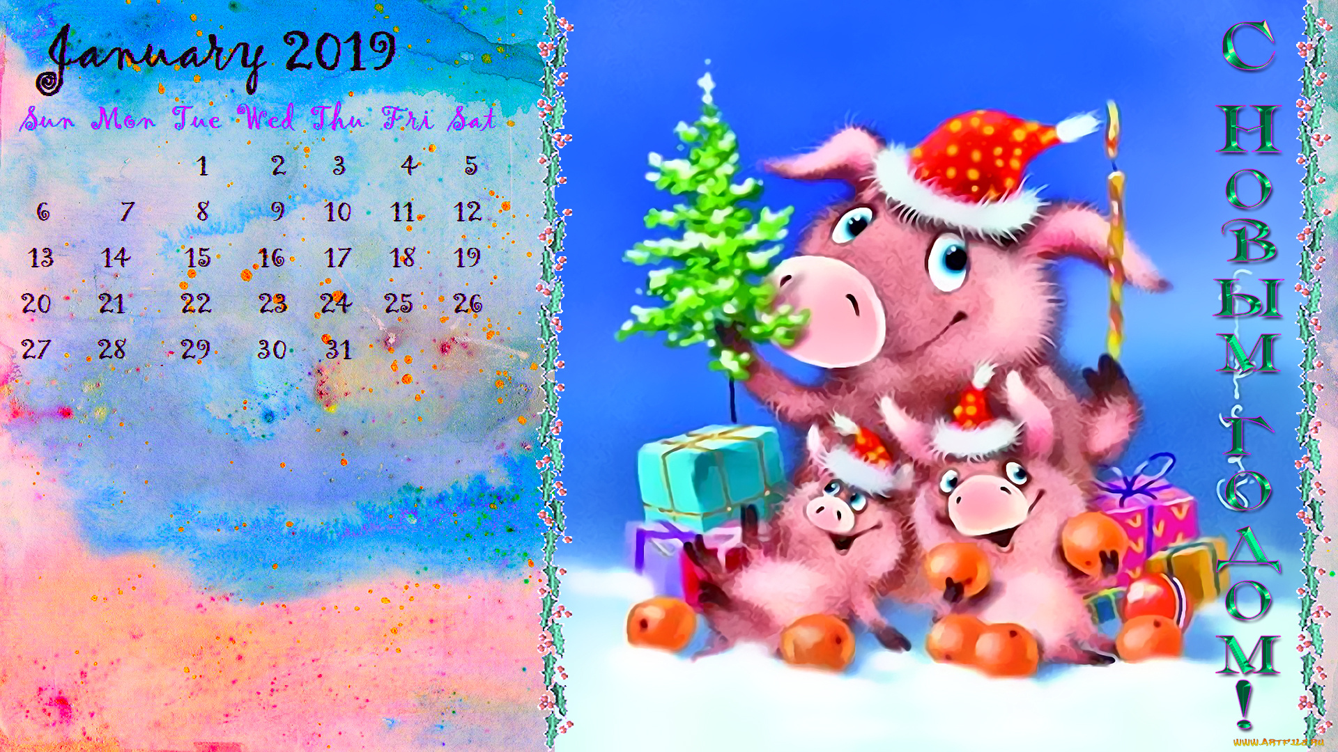 календари, праздники, , салюты, шапка, свинья, елка, цитрус, поросенок