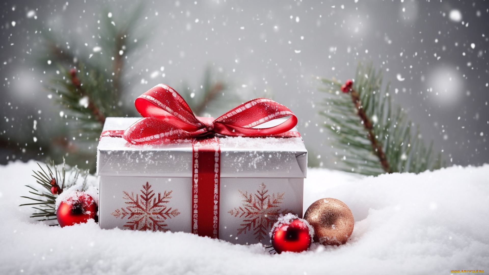 праздничные, подарки, и, коробочки, зима, шарики, снег, снежинки, ветки, красный, природа, подарок