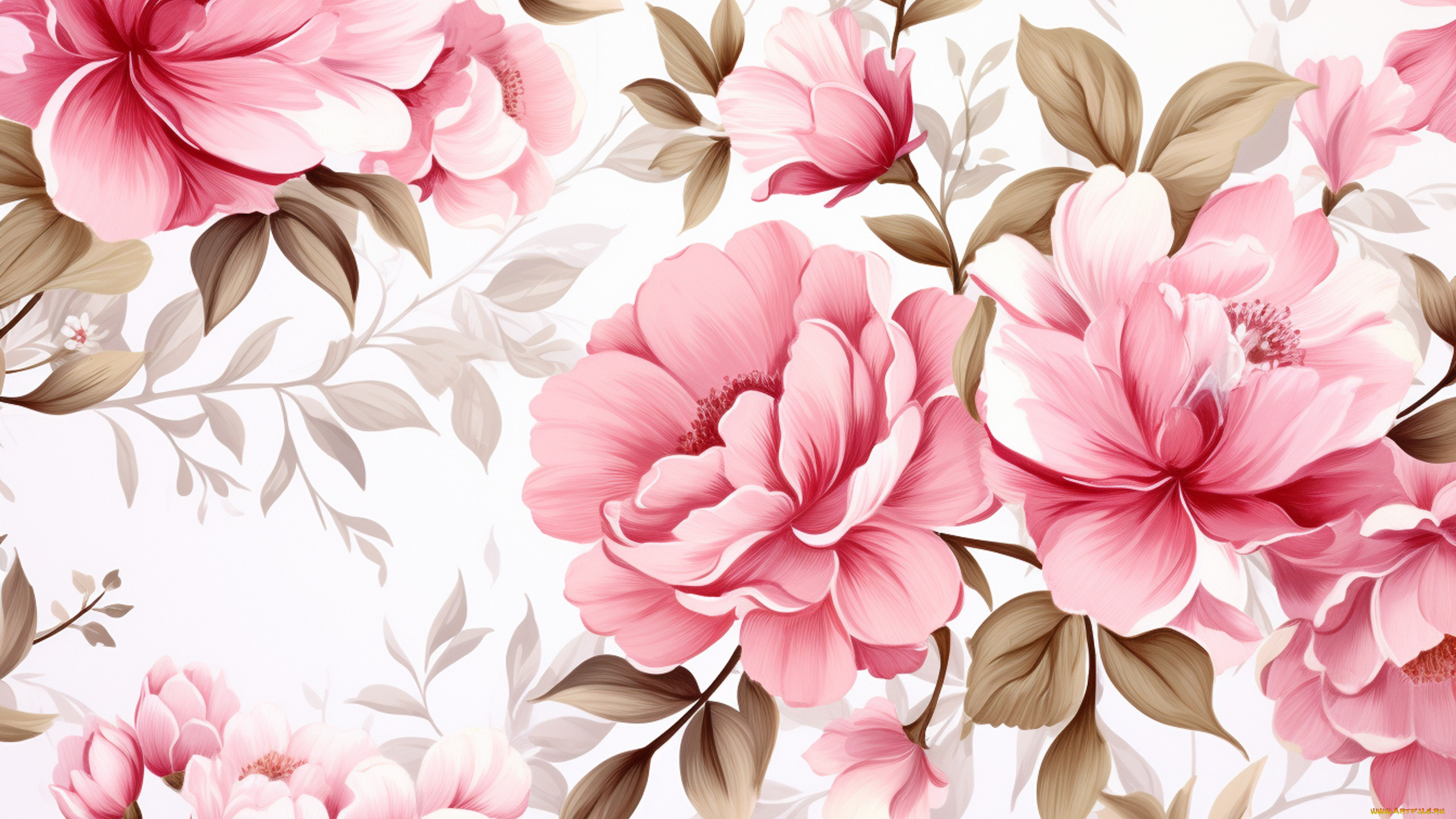 рисованное, цветы, листья, текстура, весна, белый, фон, розовые, пионы, пион