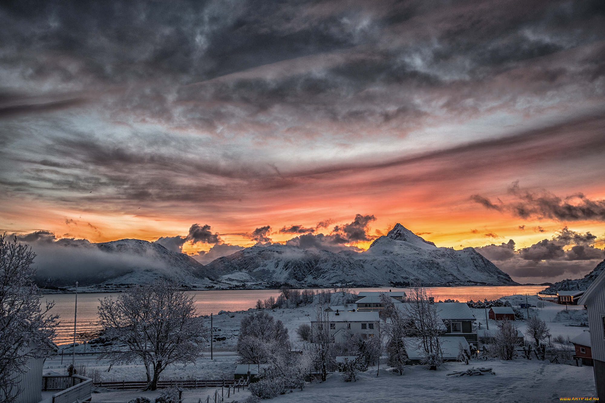природа, зима, вечер, снег, рыбацкий, поселок, норвегия