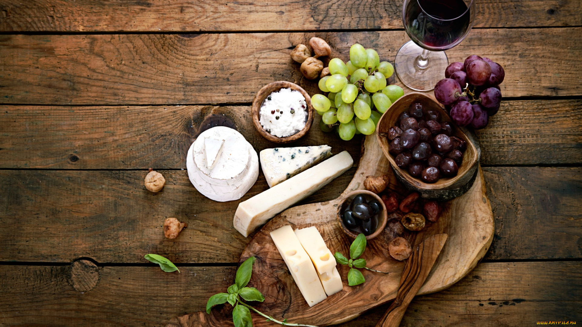 еда, разное, сыр, маслины, виноград, вино, базилик