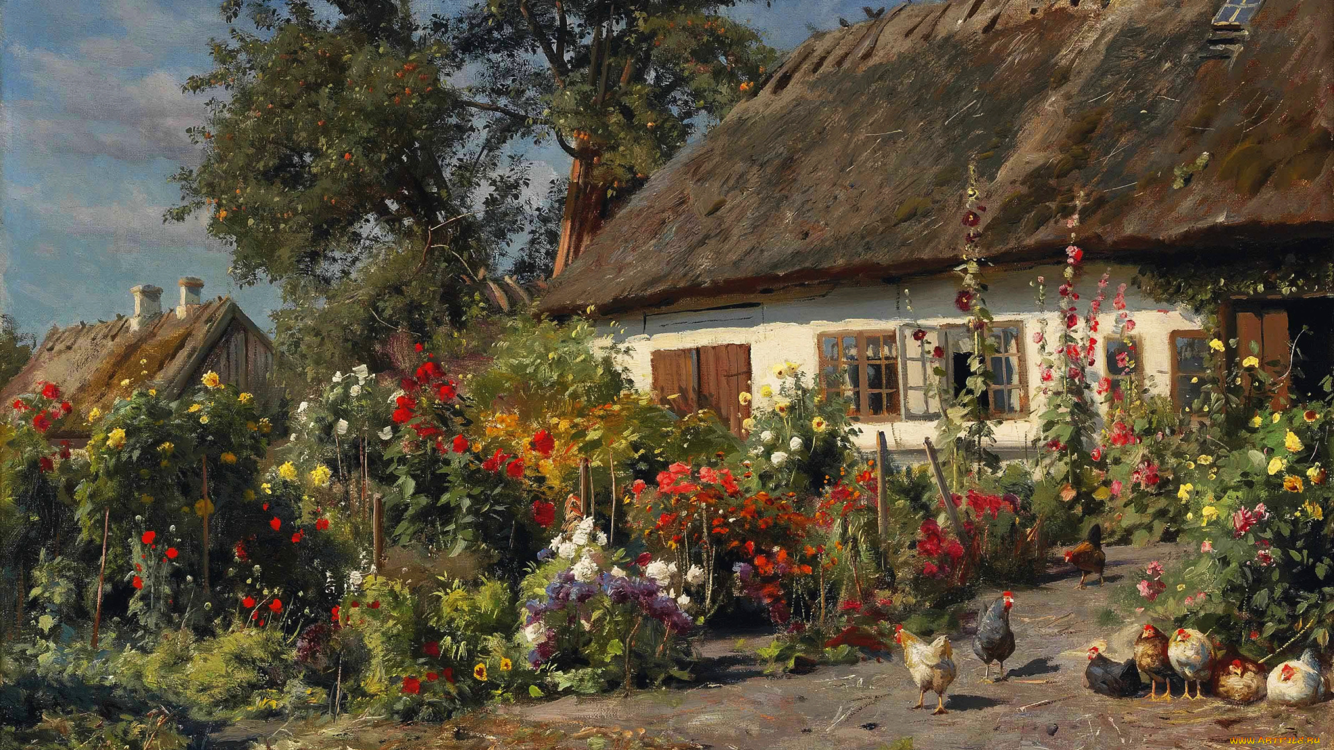 рисованное, живопись, peder, monsted, дом, хижина, куры, цветы, 1919