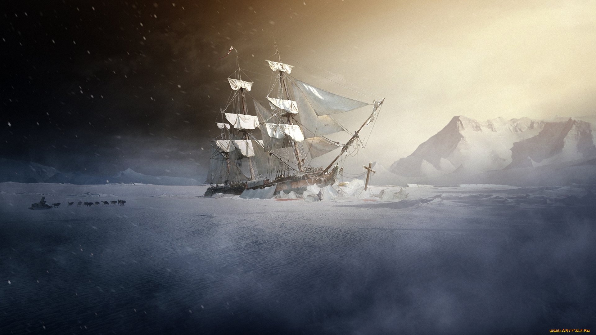 корабли, рисованные, холод, упряжка, корабль, льды, парусник, собаки, человек