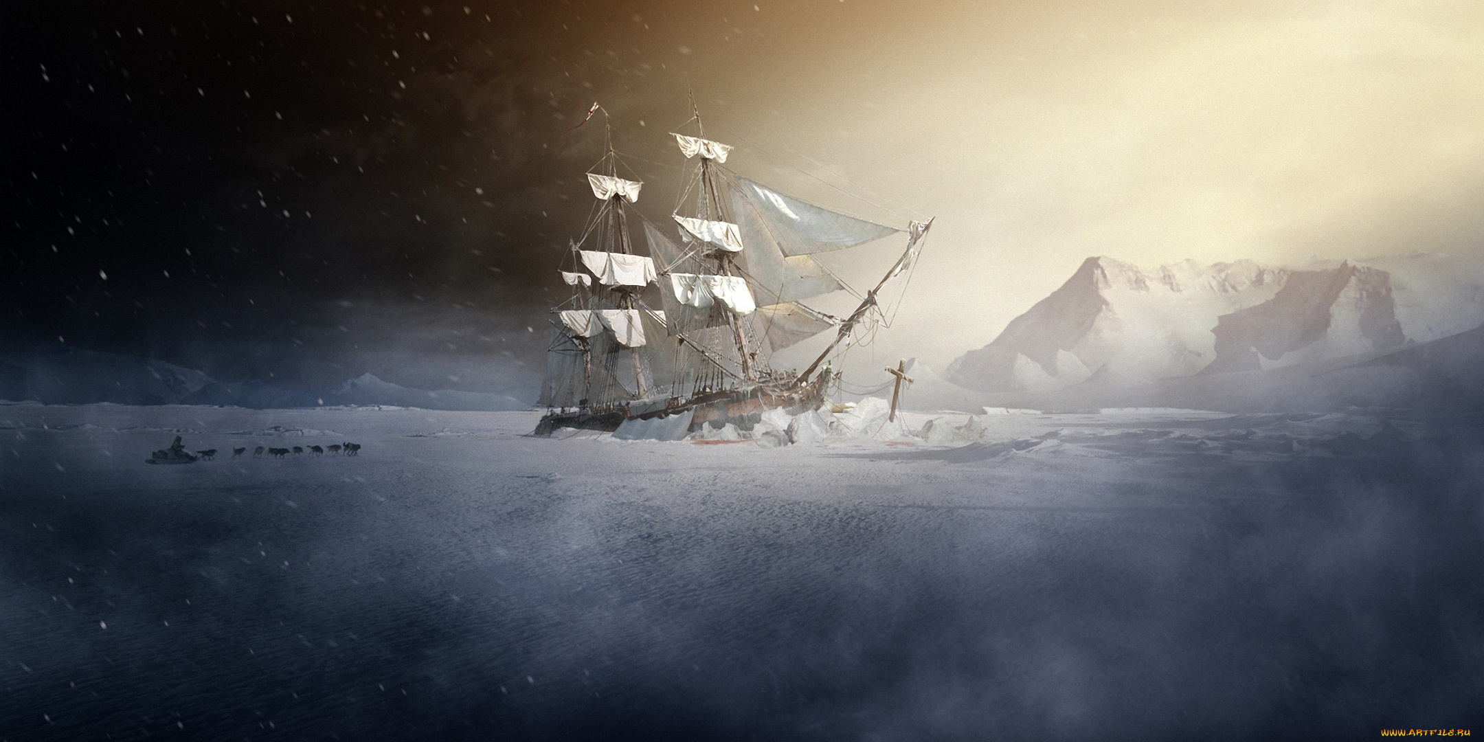 корабли, рисованные, холод, упряжка, корабль, льды, парусник, собаки, человек