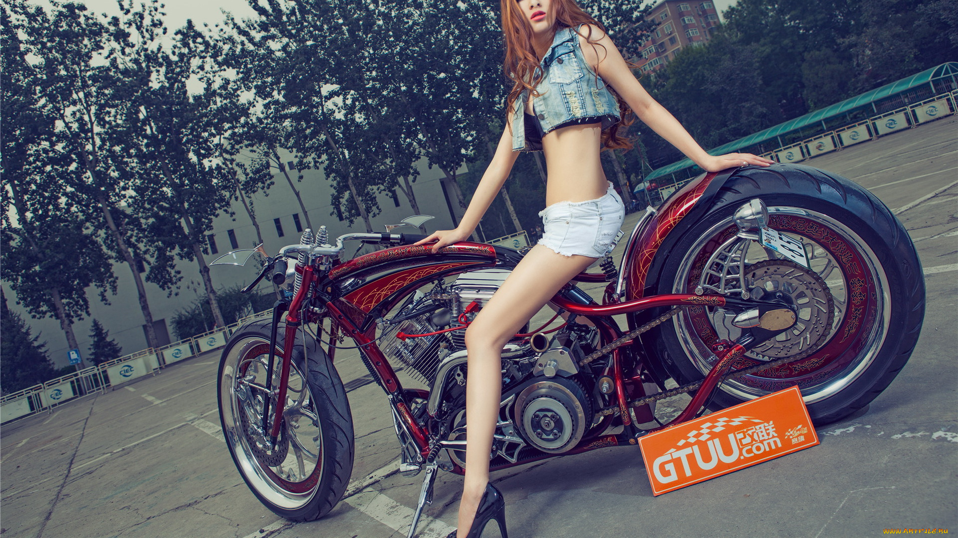 мотоциклы, мото, с, девушкой, азиатка, мотоцикл, девушка