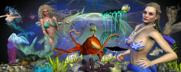 обоя 3д графика, fantasy , фантазия, море, рыбы, русалки