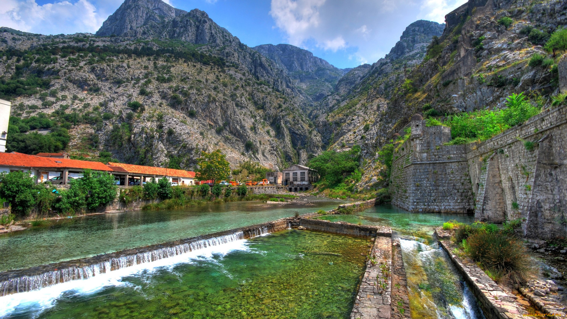 города, -, пейзажи, Черногория, kotor, горы, стена, ручей, скалы