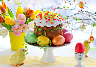 Картинка праздничные пасха кулич тюльпаны яйца