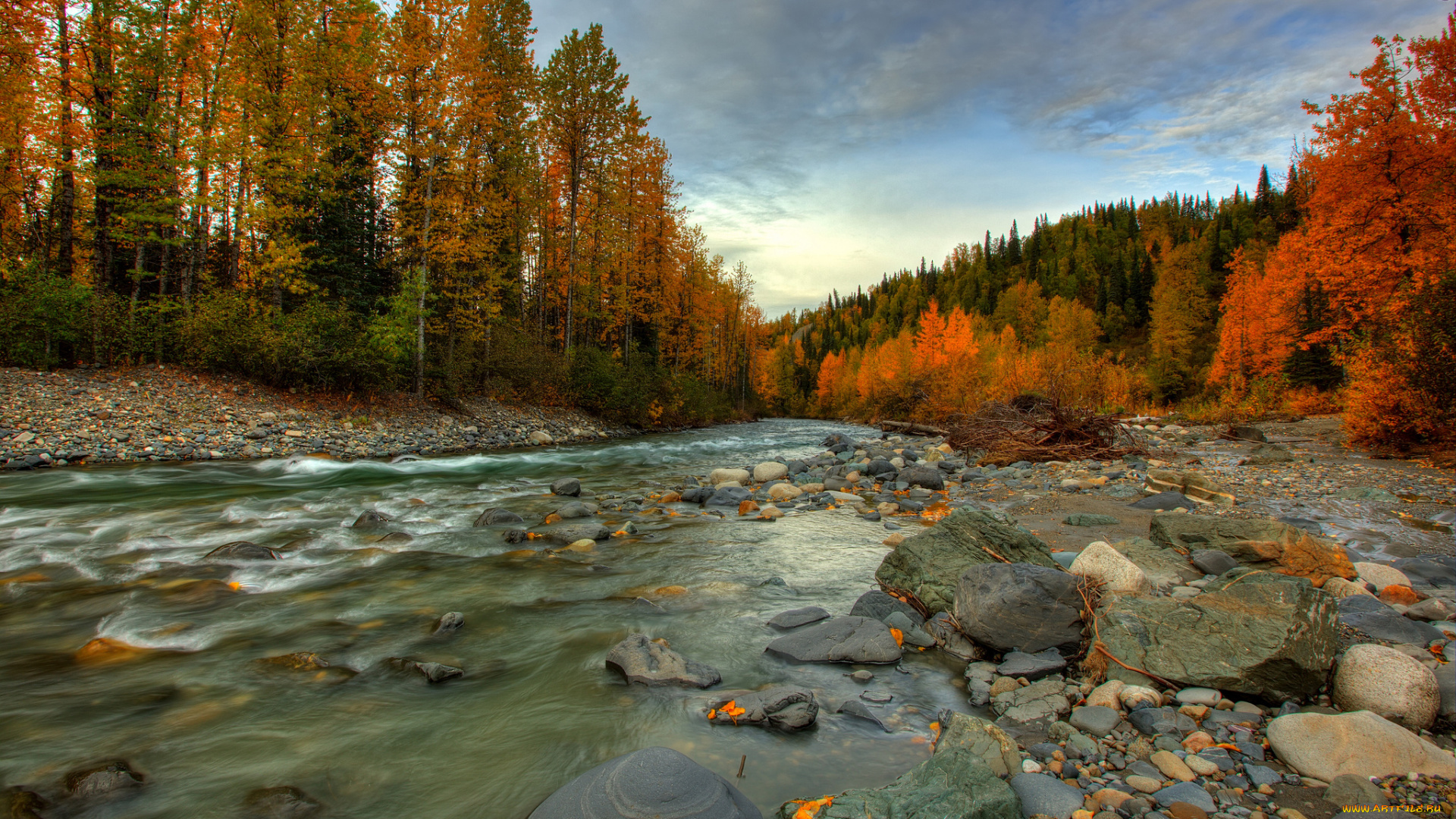 природа, реки, озера, камни, поток, лес, река, осень, аляска